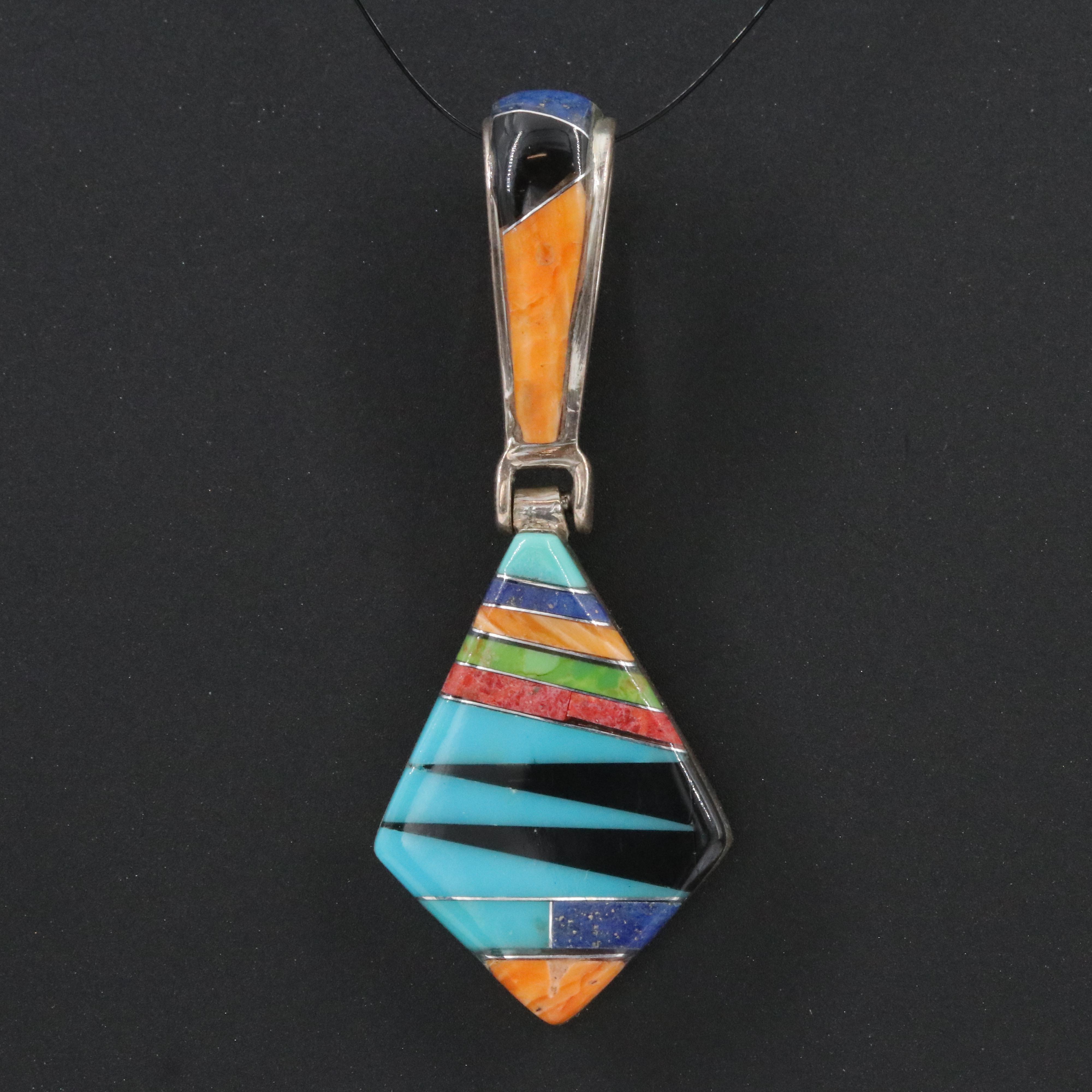 Sterling Inlay Pendant Including Spiny Oyster, Coral and Lapis Lazuli