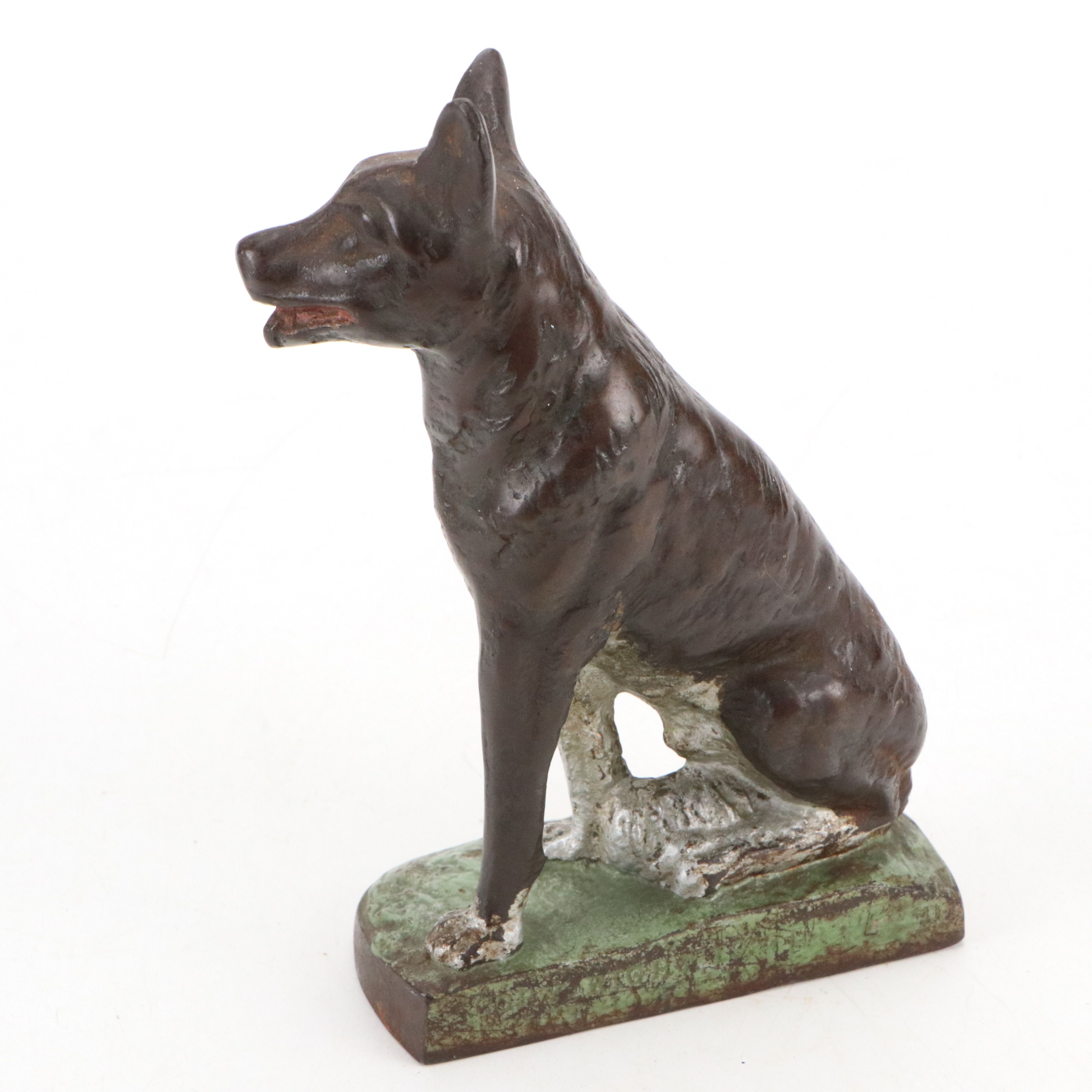 Art Deco Painted Cast Metal Sheppard Dog Doorstop with Silver Accents