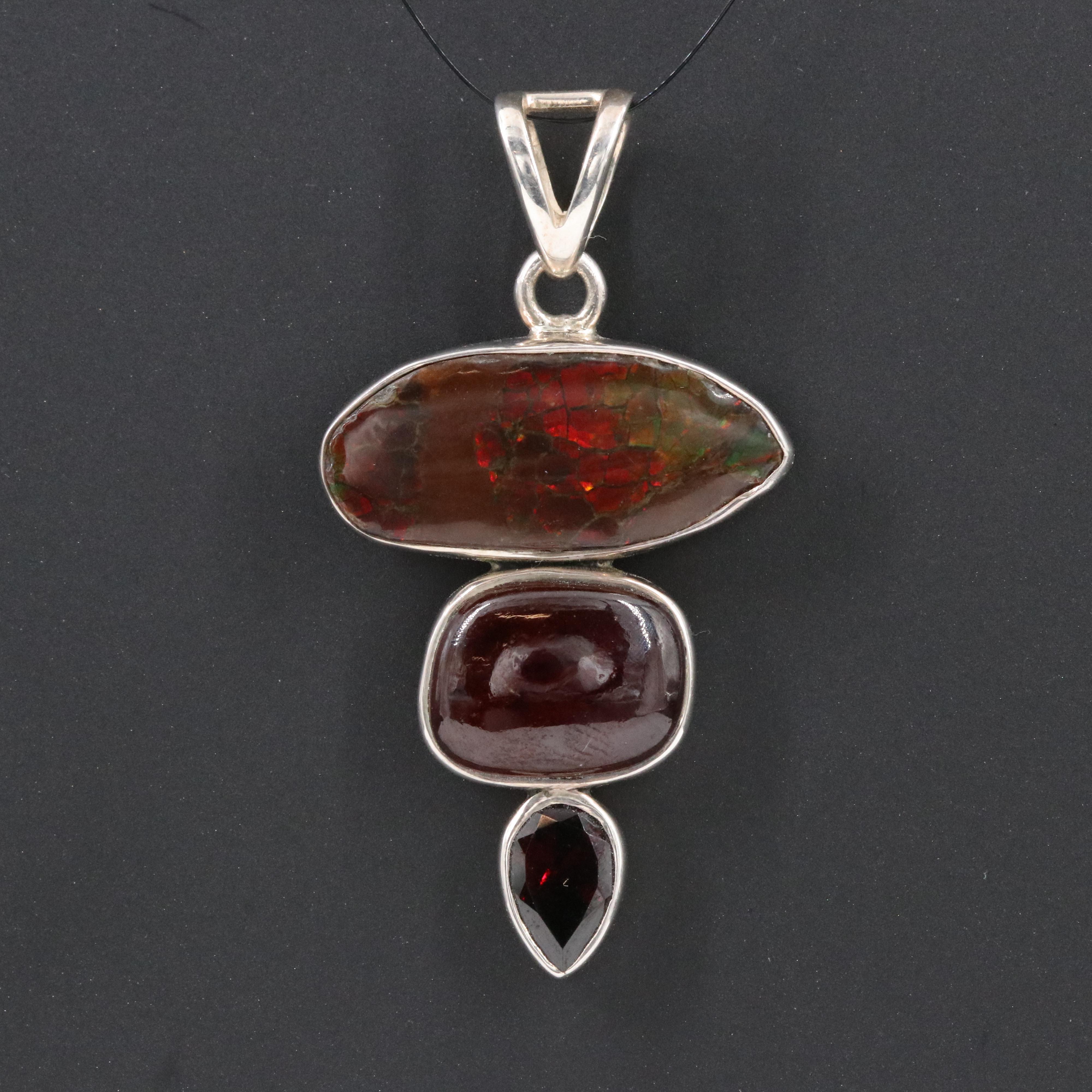 Sterling Ammolite Triplet, Garnet and Hessonite Pendant