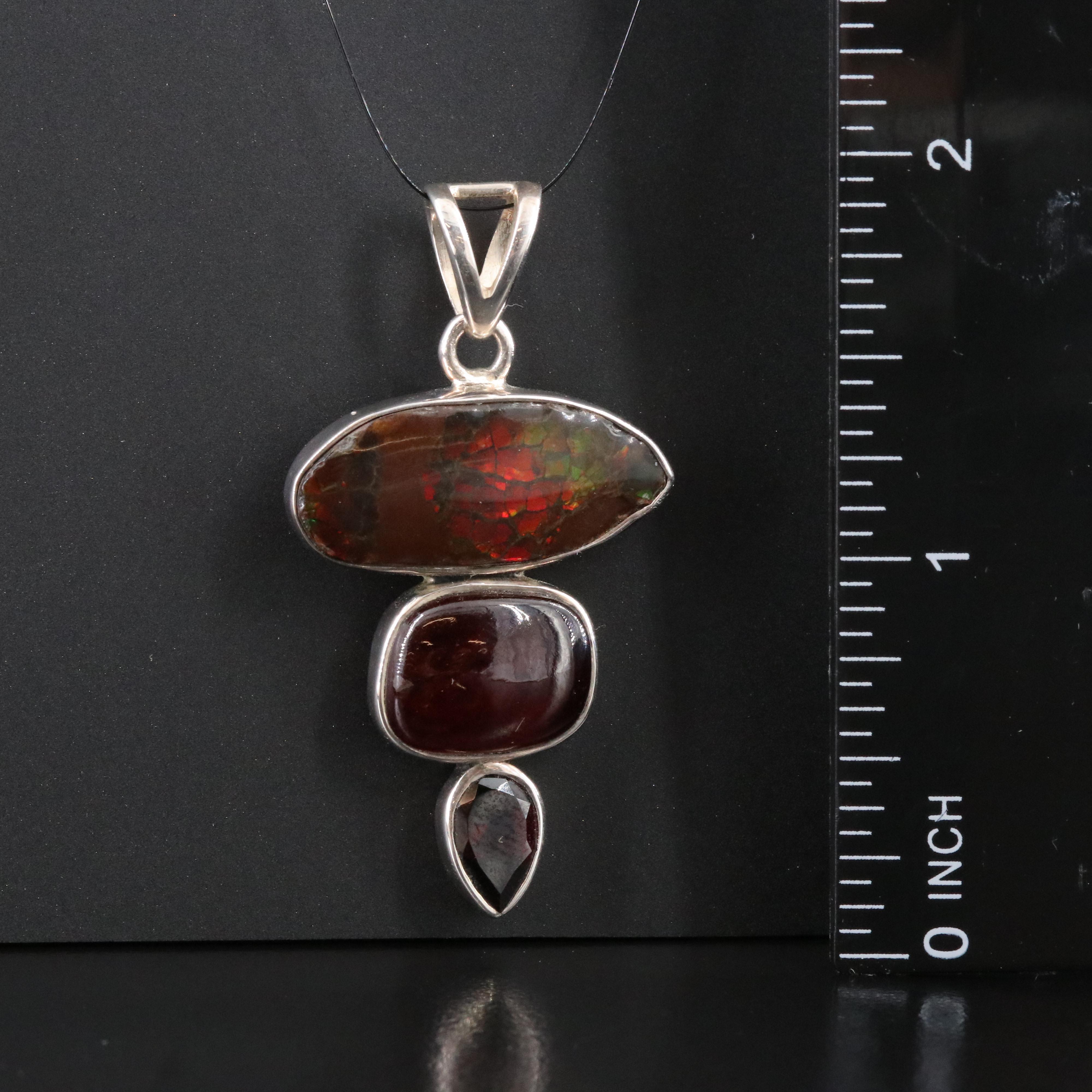 Sterling Ammolite Triplet, Garnet and Hessonite Pendant