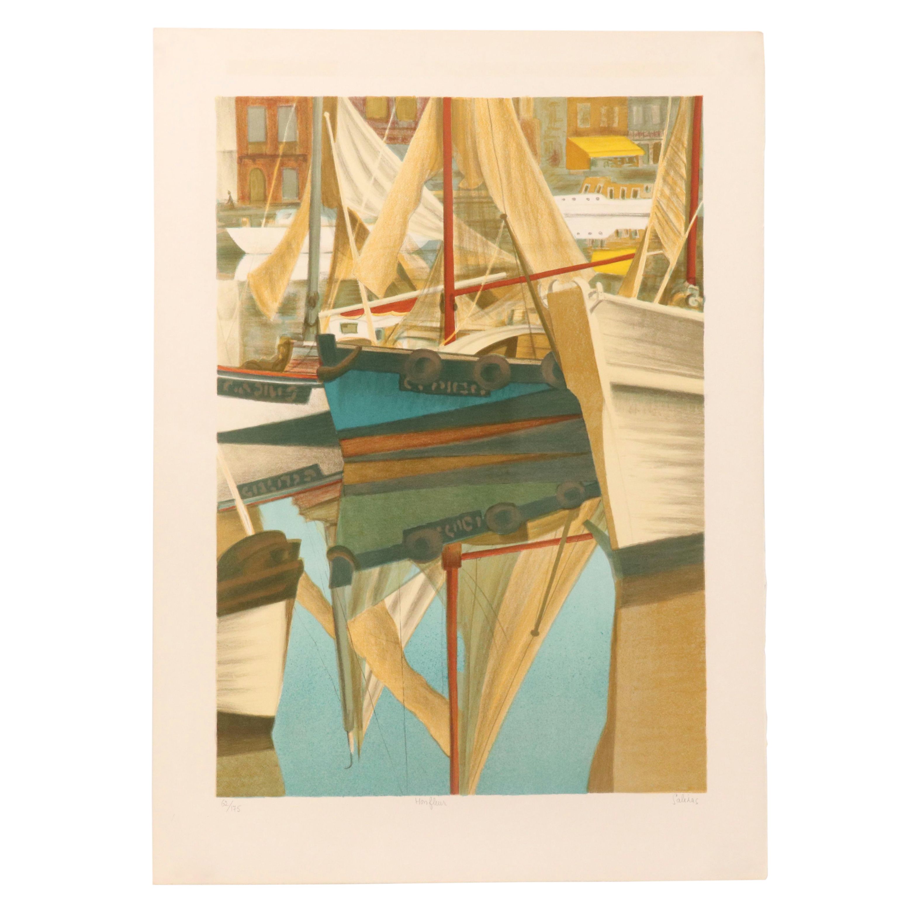 Laurent Marcel Salinas Harbor Scene Lithograph "Honfleur," Circa 1975