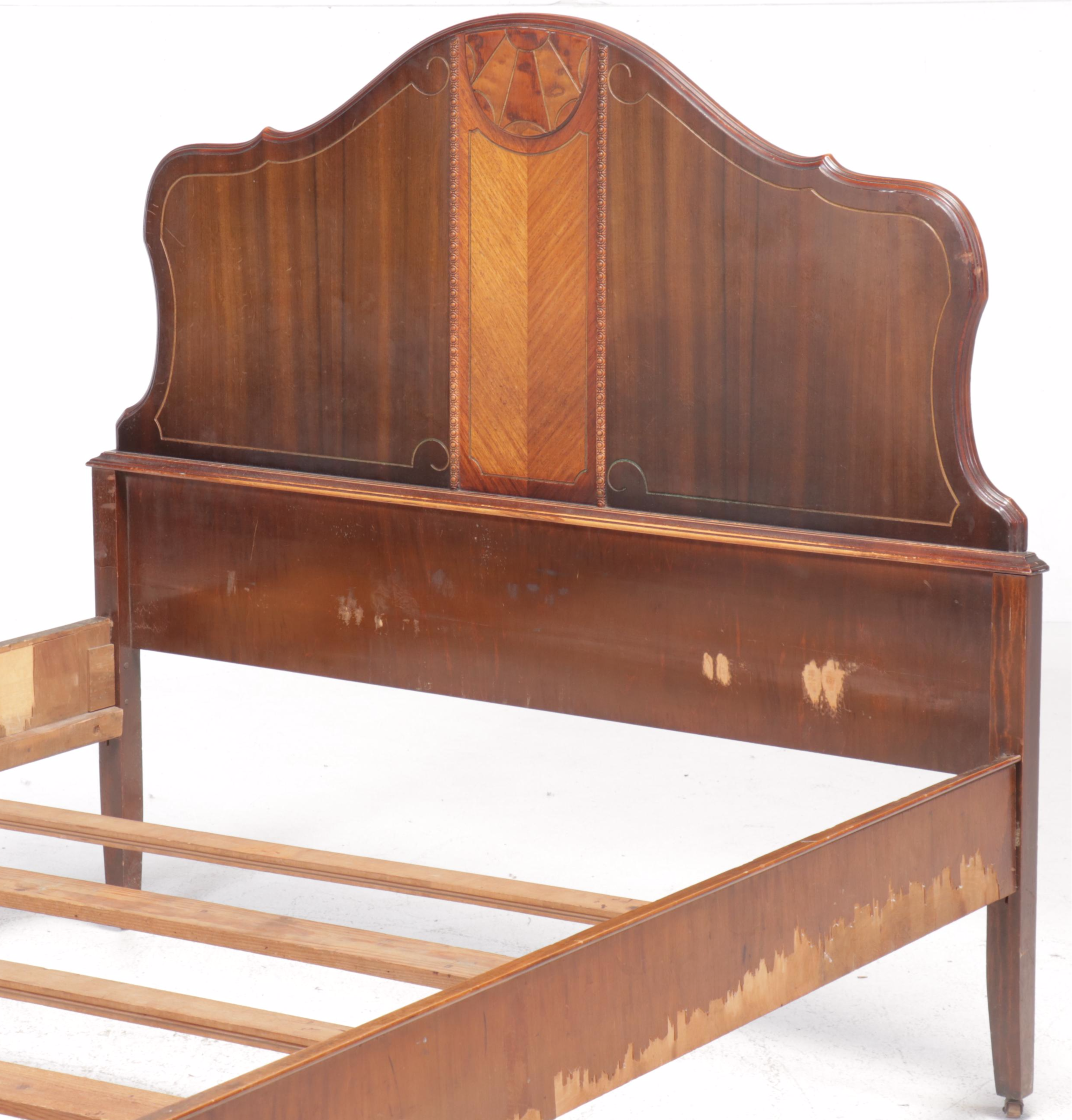 E. Kleeman Co. Jacobean Revival Style Mahogany and Waterfall Veneer Bed