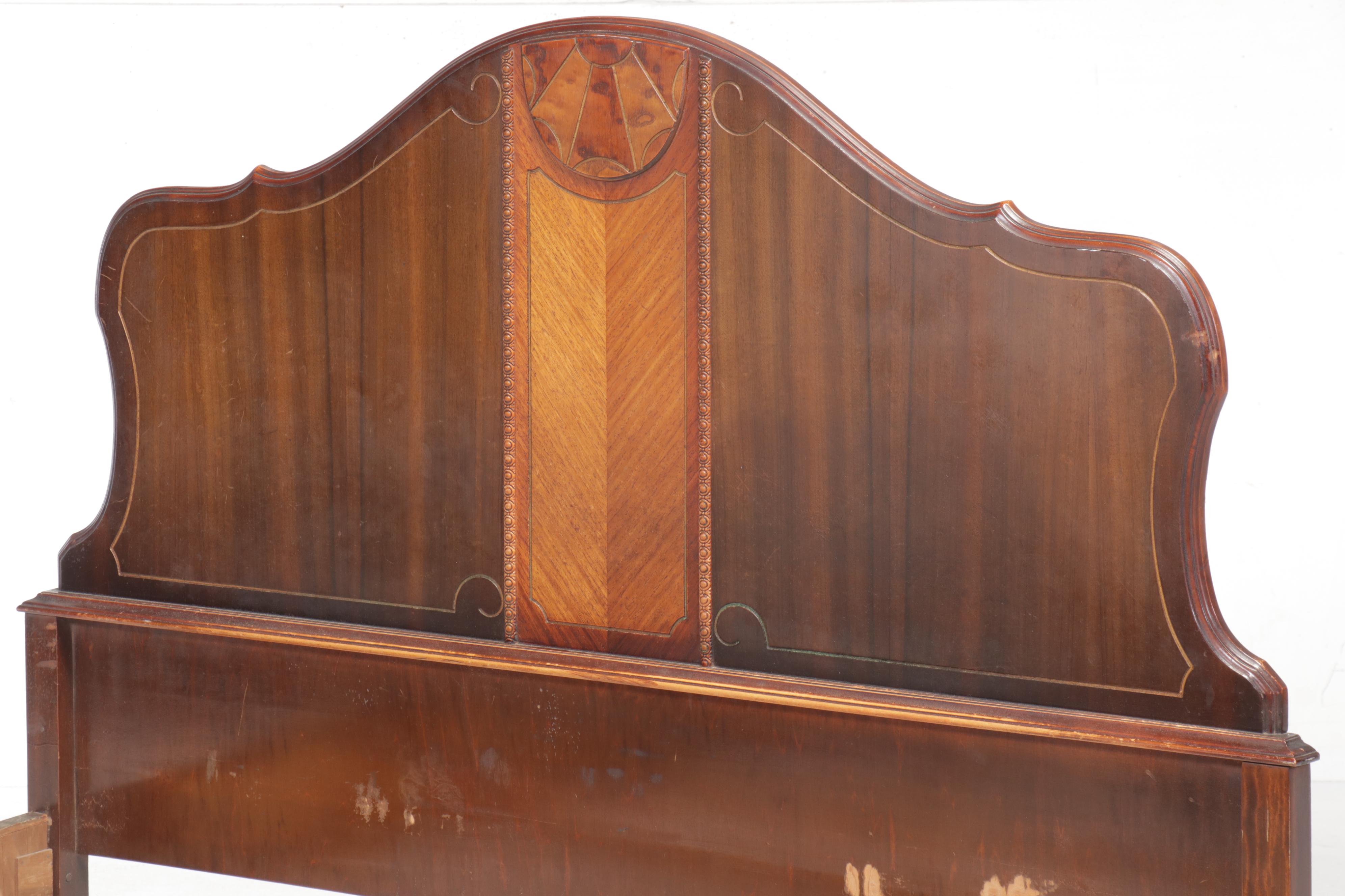 E. Kleeman Co. Jacobean Revival Style Mahogany and Waterfall Veneer Bed