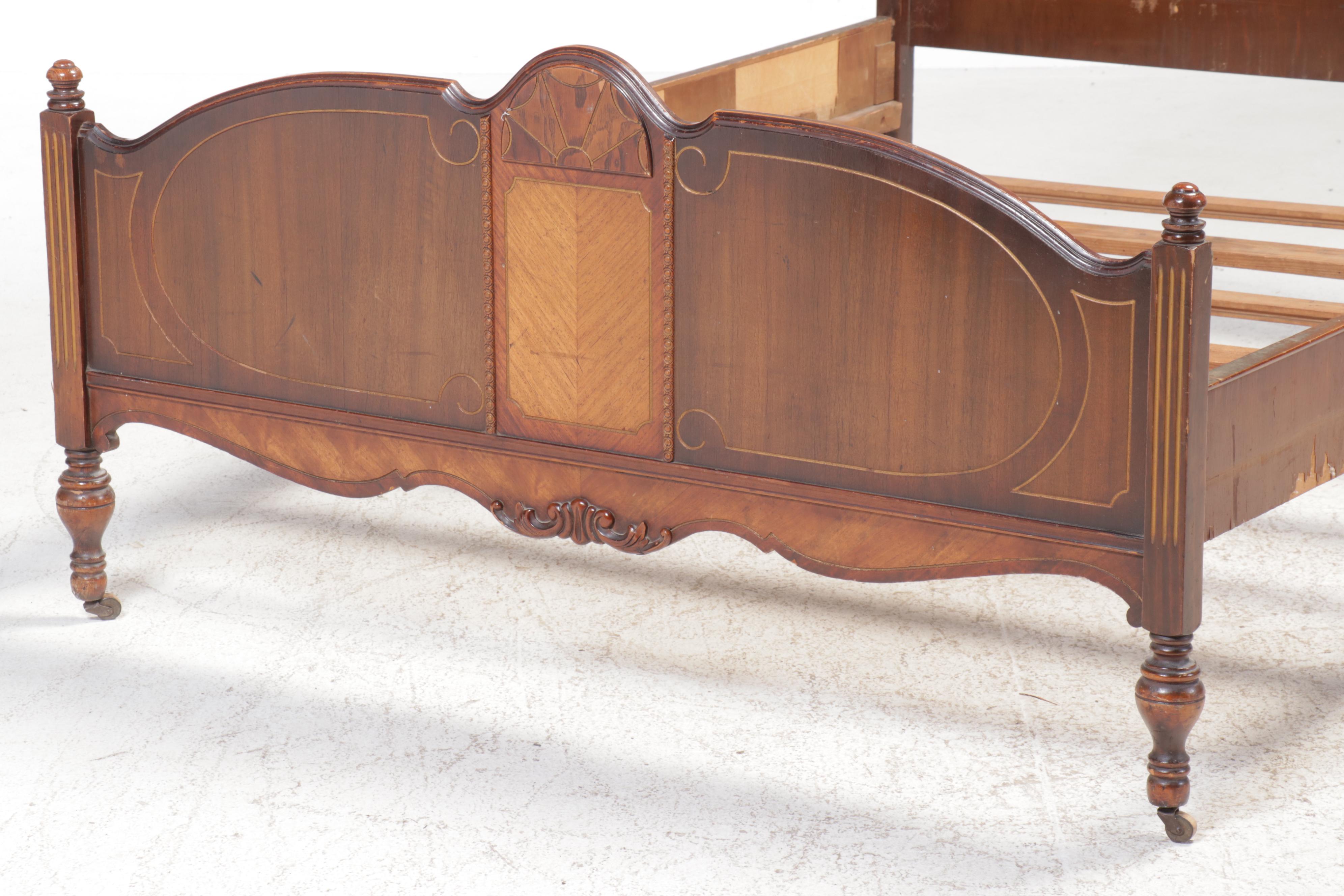 E. Kleeman Co. Jacobean Revival Style Mahogany and Waterfall Veneer Bed