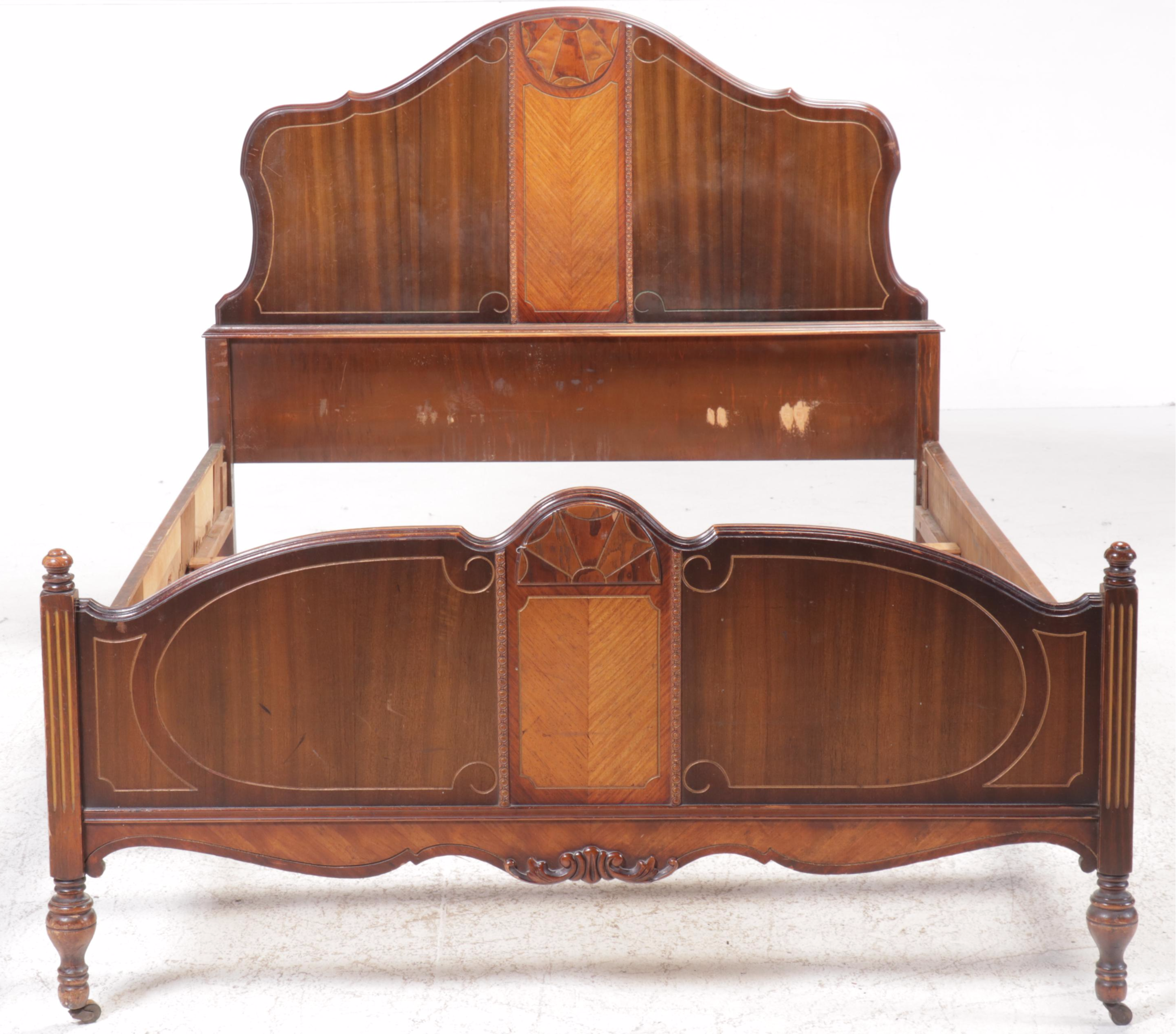 E. Kleeman Co. Jacobean Revival Style Mahogany and Waterfall Veneer Bed