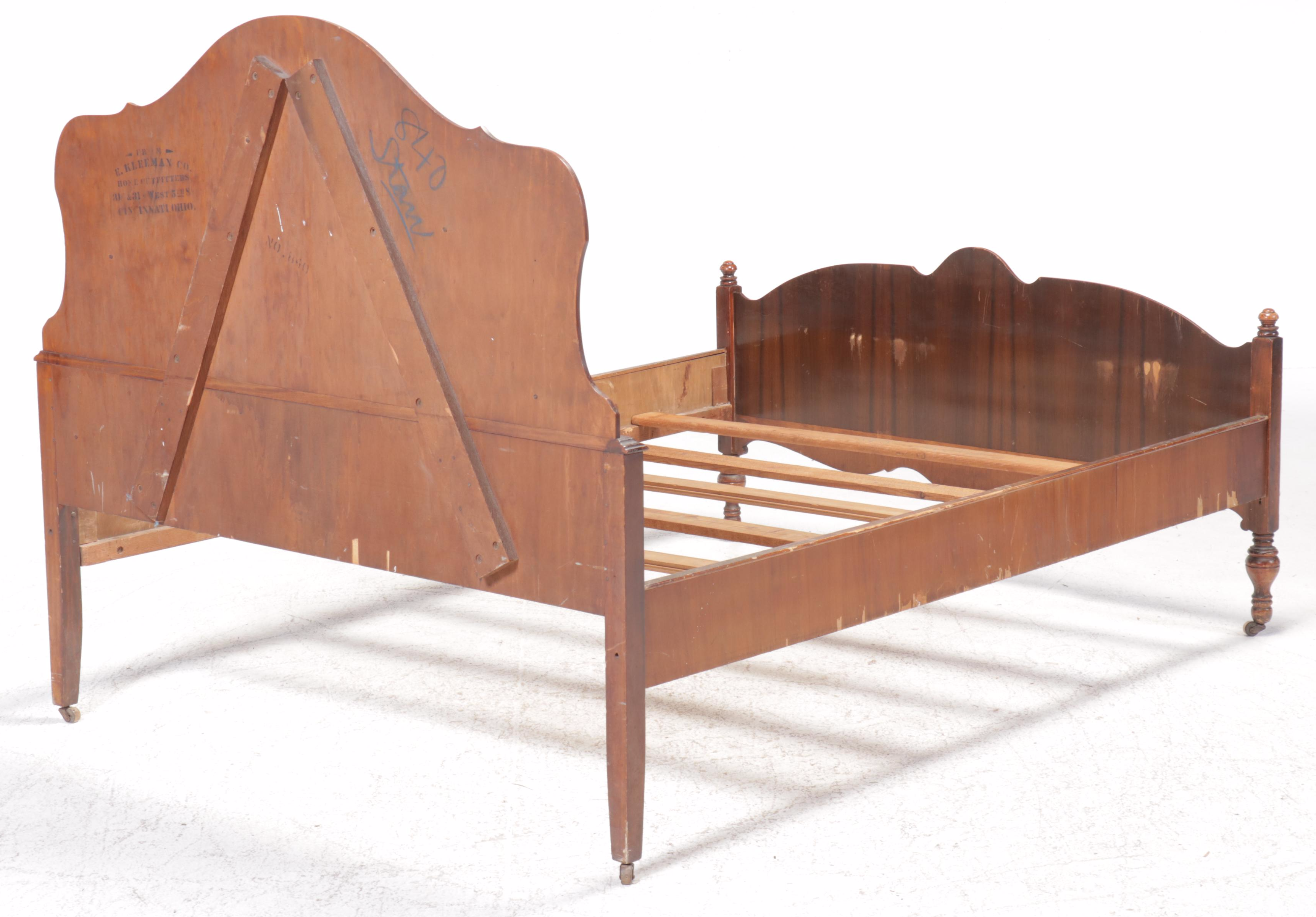 E. Kleeman Co. Jacobean Revival Style Mahogany and Waterfall Veneer Bed