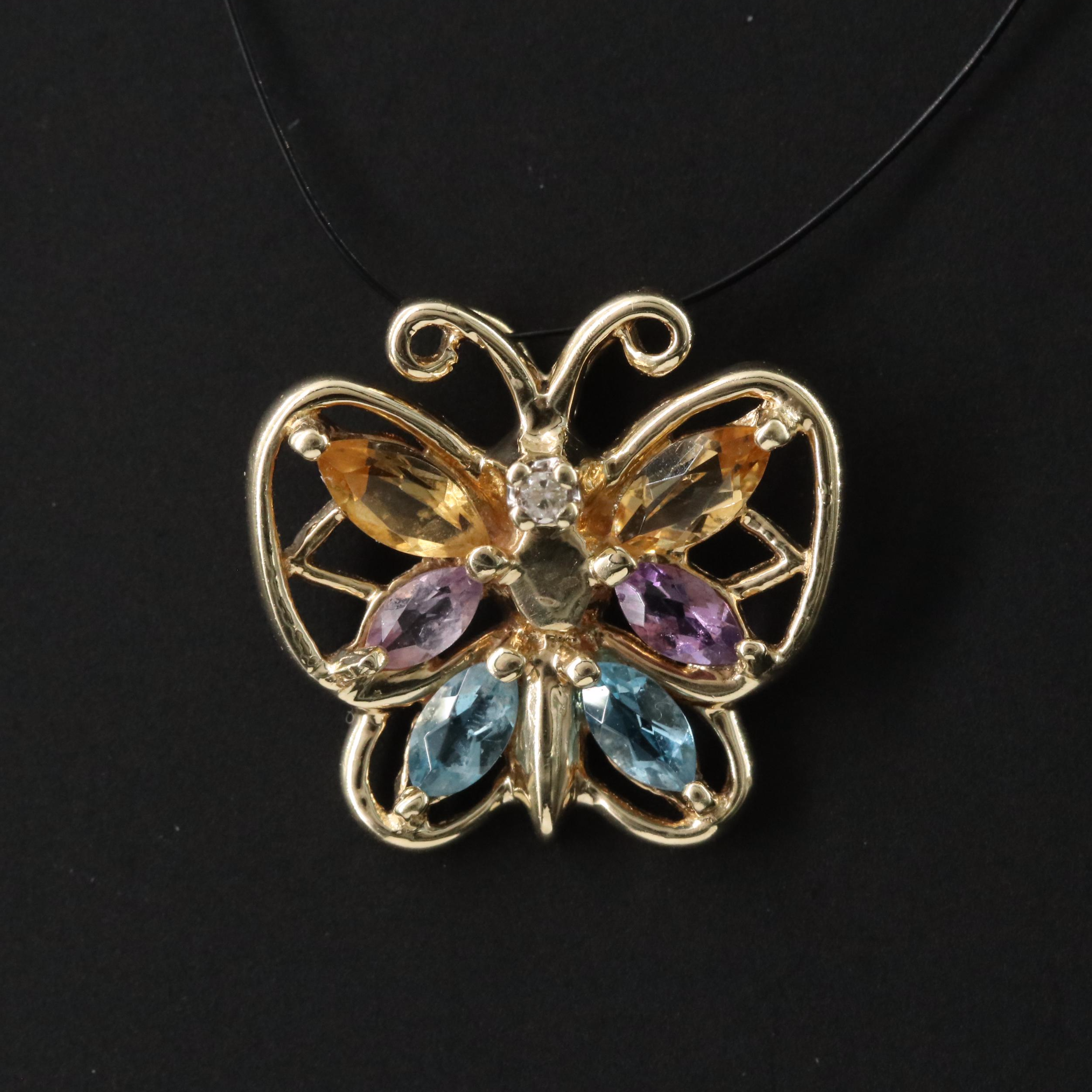 10K Diamond, Citrine, Amethyst and Topaz Butterfly Pendant