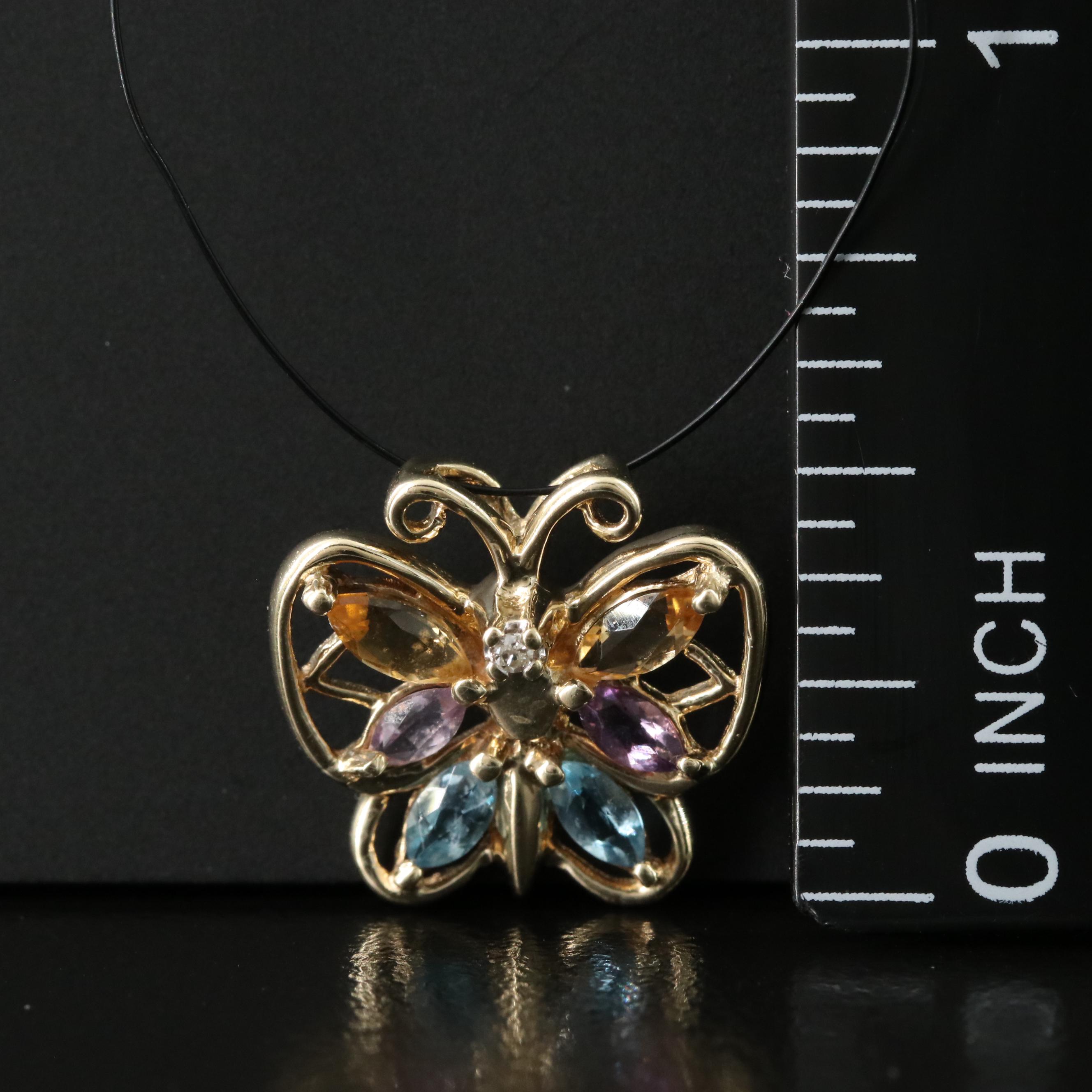 10K Diamond, Citrine, Amethyst and Topaz Butterfly Pendant