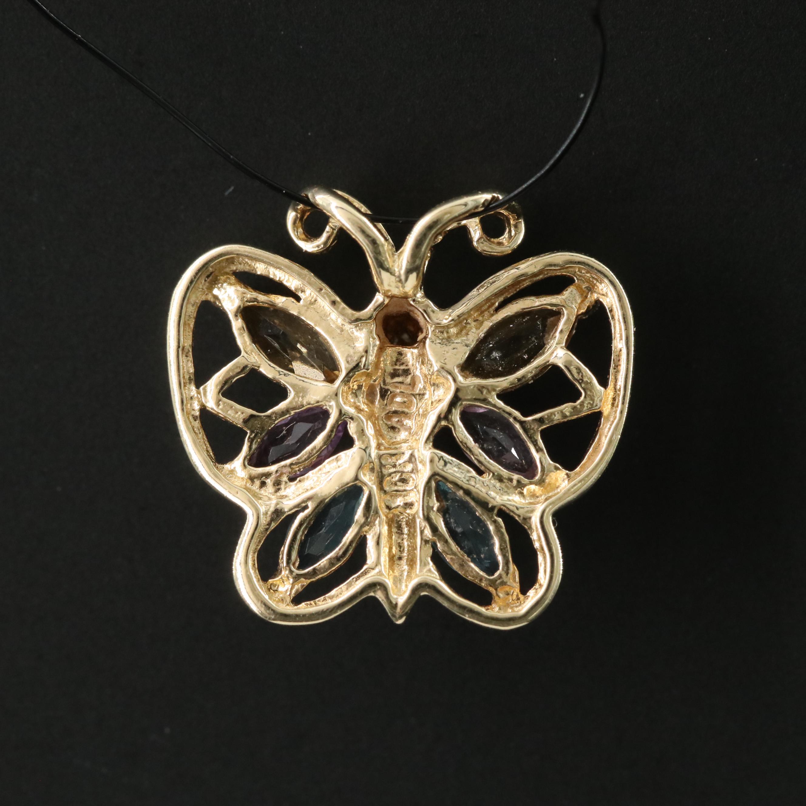 10K Diamond, Citrine, Amethyst and Topaz Butterfly Pendant