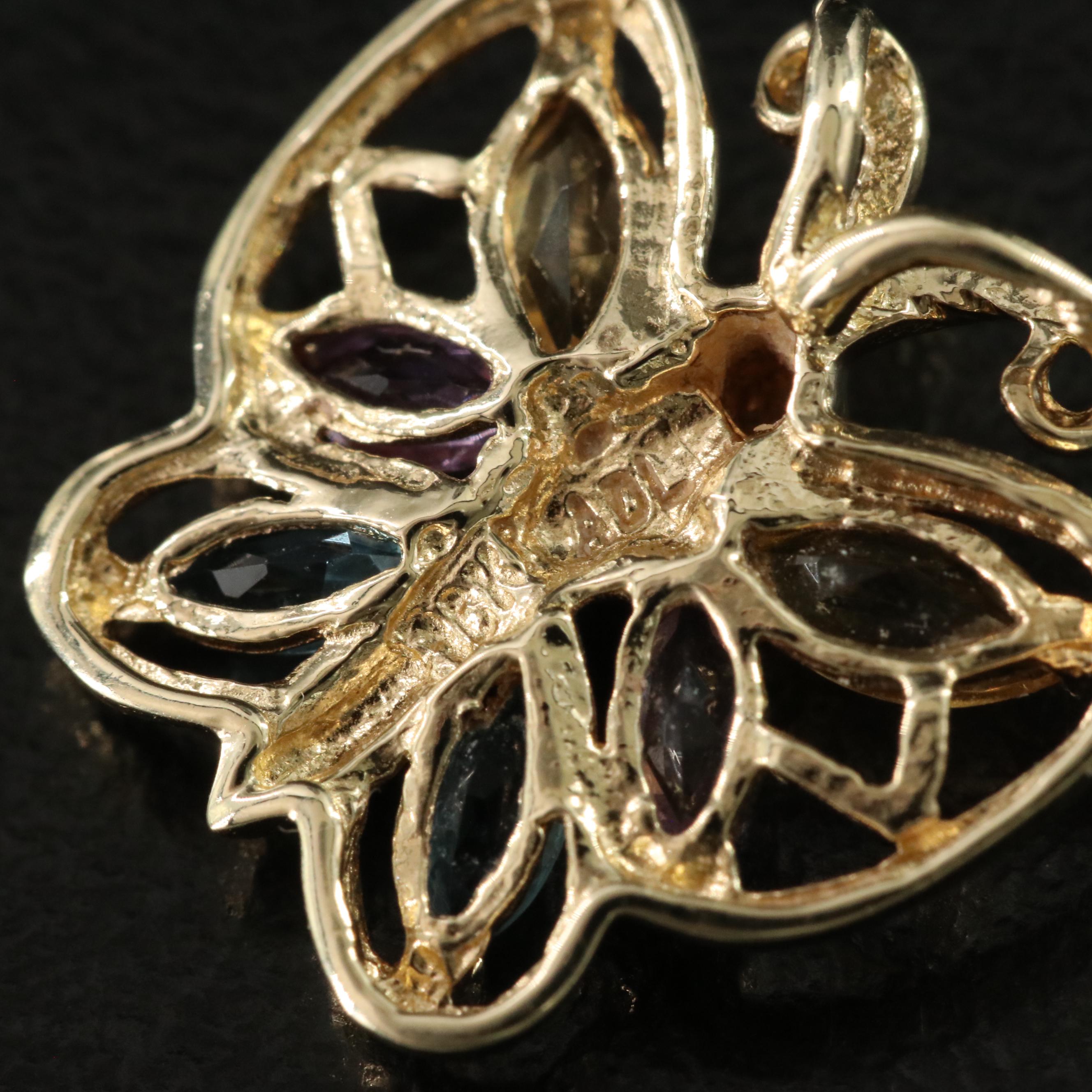 10K Diamond, Citrine, Amethyst and Topaz Butterfly Pendant
