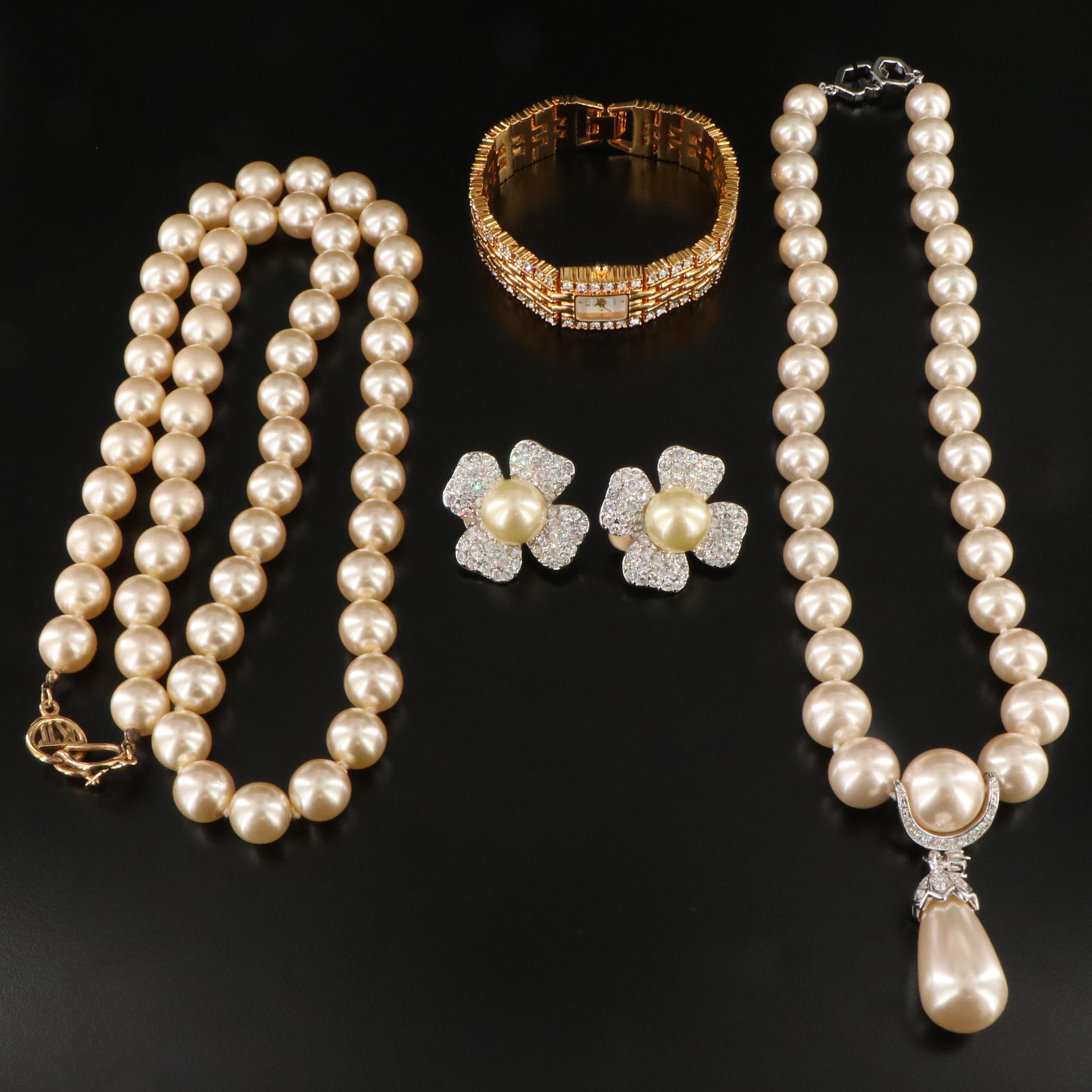 Kenneth Jay Lane Watch, Necklaces and Earrings with Crystal and Faux Pearls