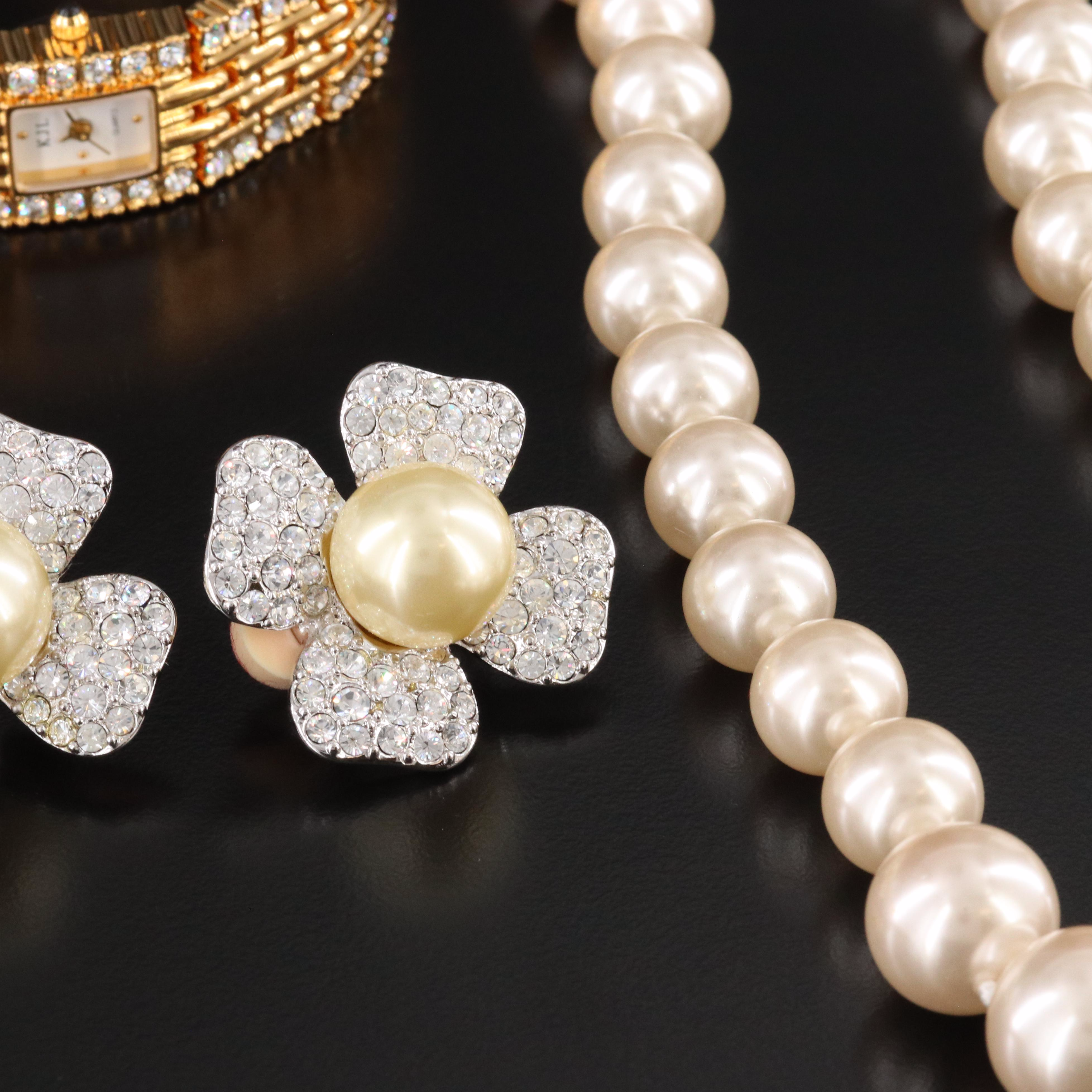 Kenneth Jay Lane Watch, Necklaces and Earrings with Crystal and Faux Pearls
