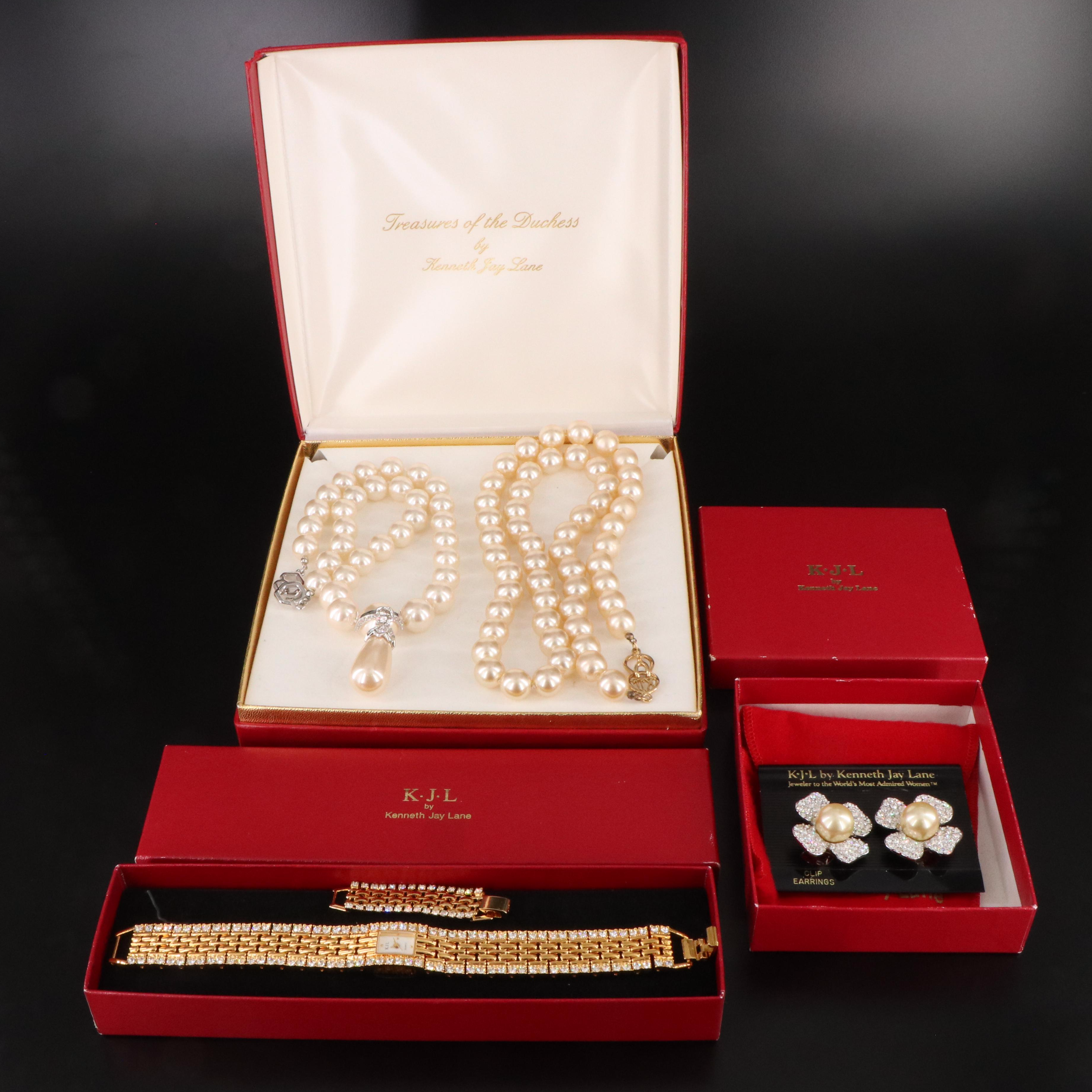 Kenneth Jay Lane Watch, Necklaces and Earrings with Crystal and Faux Pearls