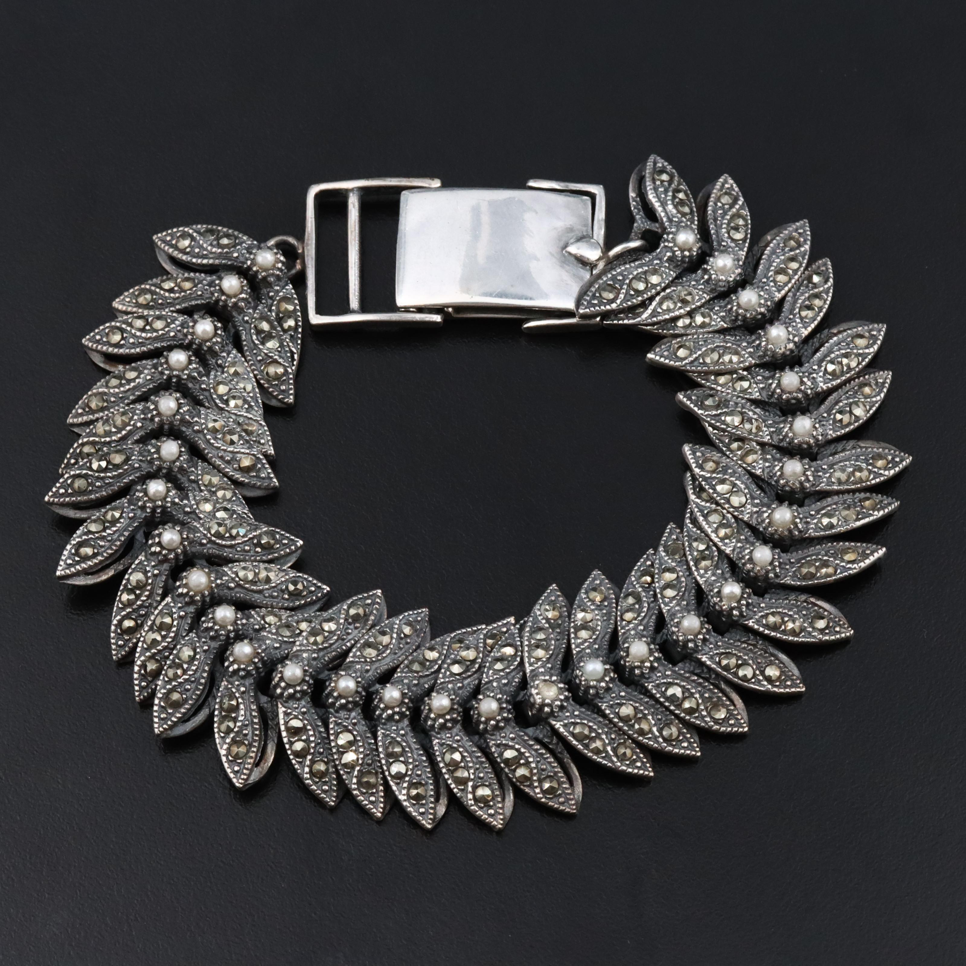 Sterling Faux Pearl and Marcasite Bracelet