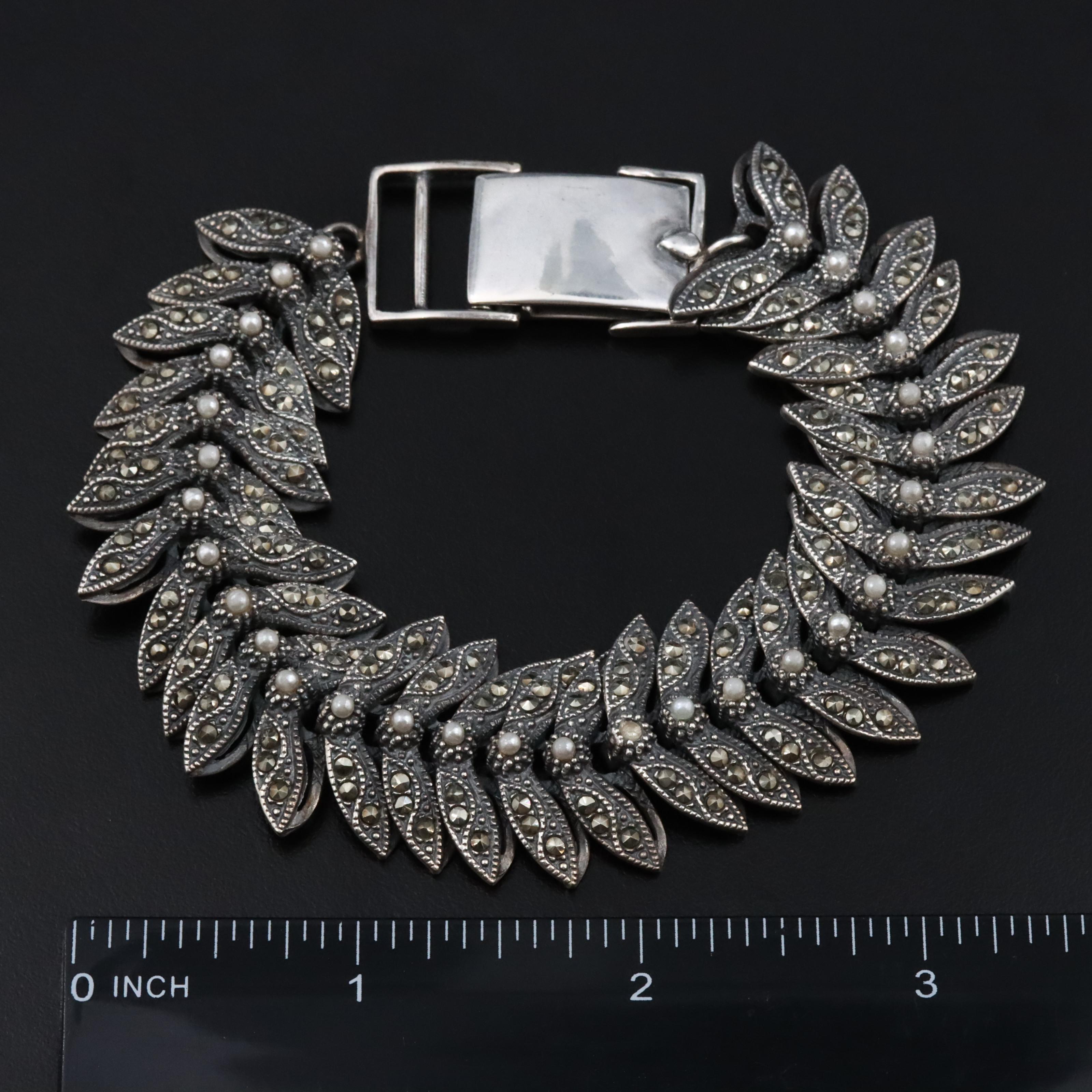 Sterling Faux Pearl and Marcasite Bracelet