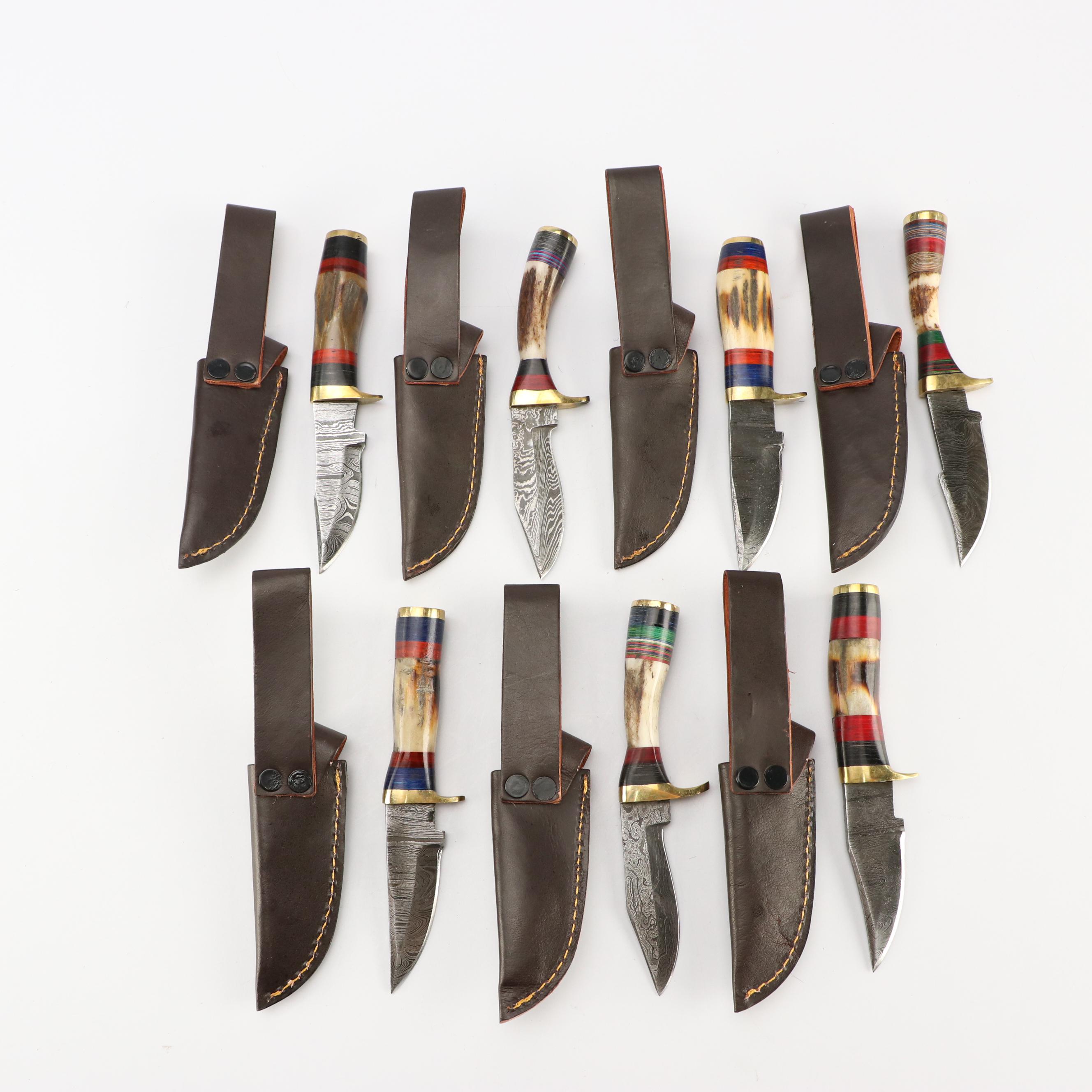 Damascus Steel and Antler Handled Skinner Knives in Leather Scabbards