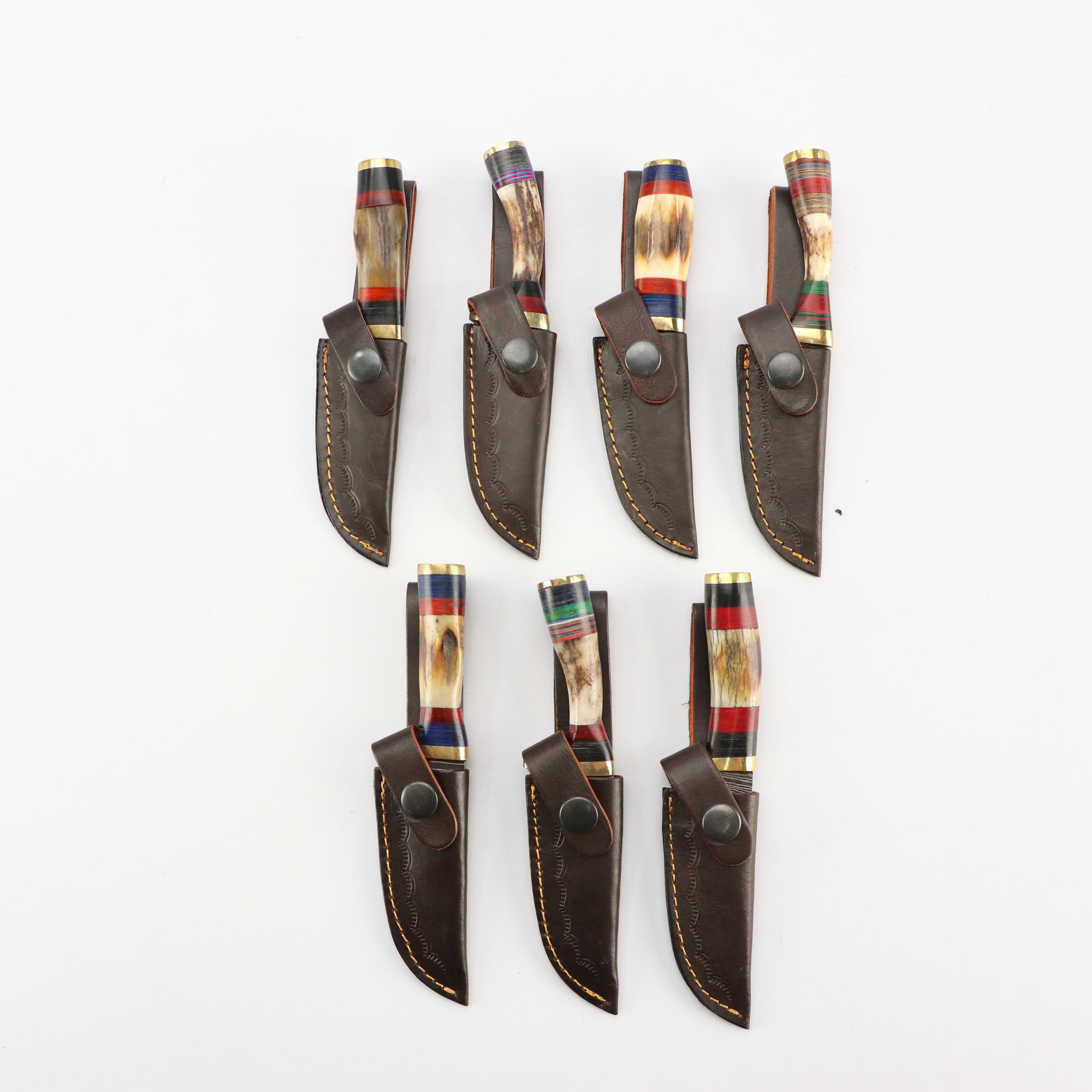 Damascus Steel and Antler Handled Skinner Knives in Leather Scabbards