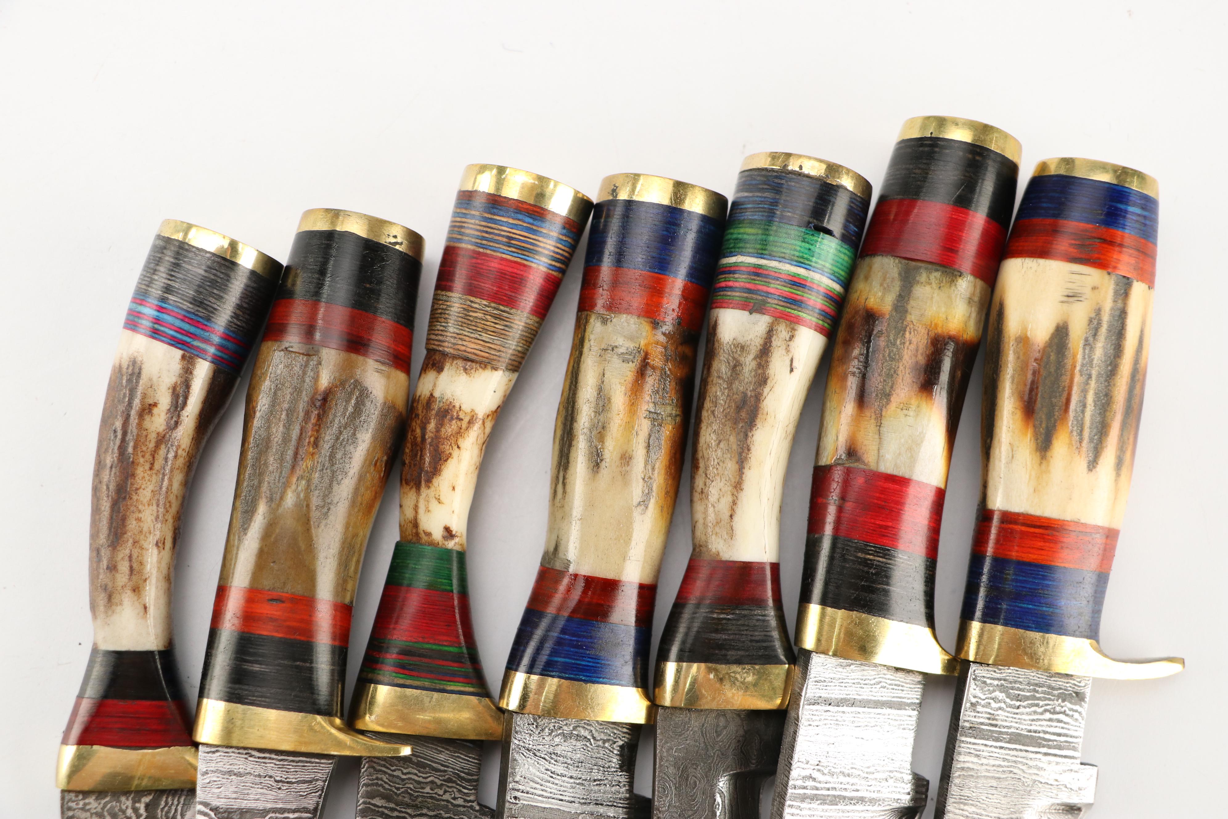 Damascus Steel and Antler Handled Skinner Knives in Leather Scabbards