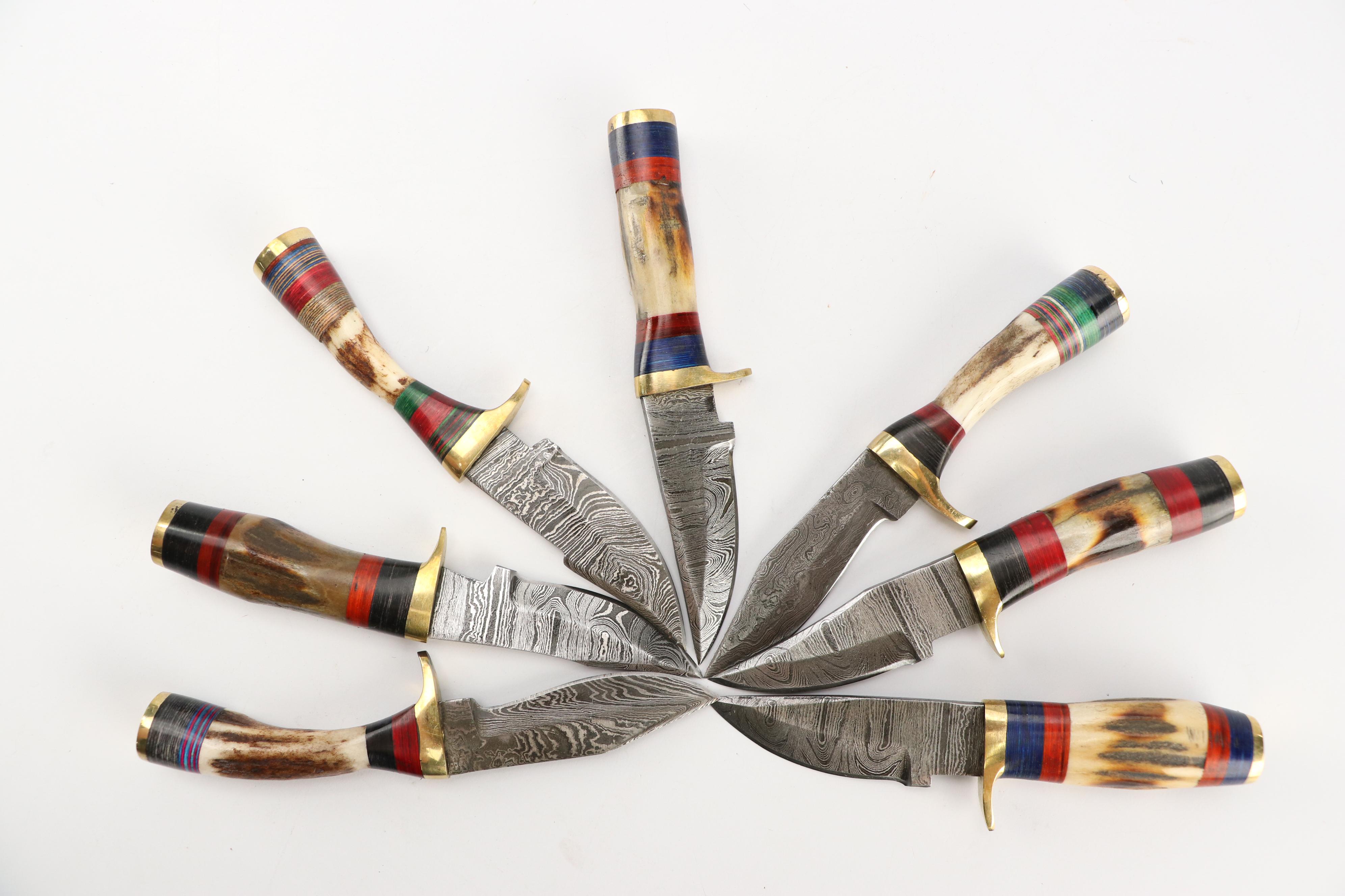 Damascus Steel and Antler Handled Skinner Knives in Leather Scabbards