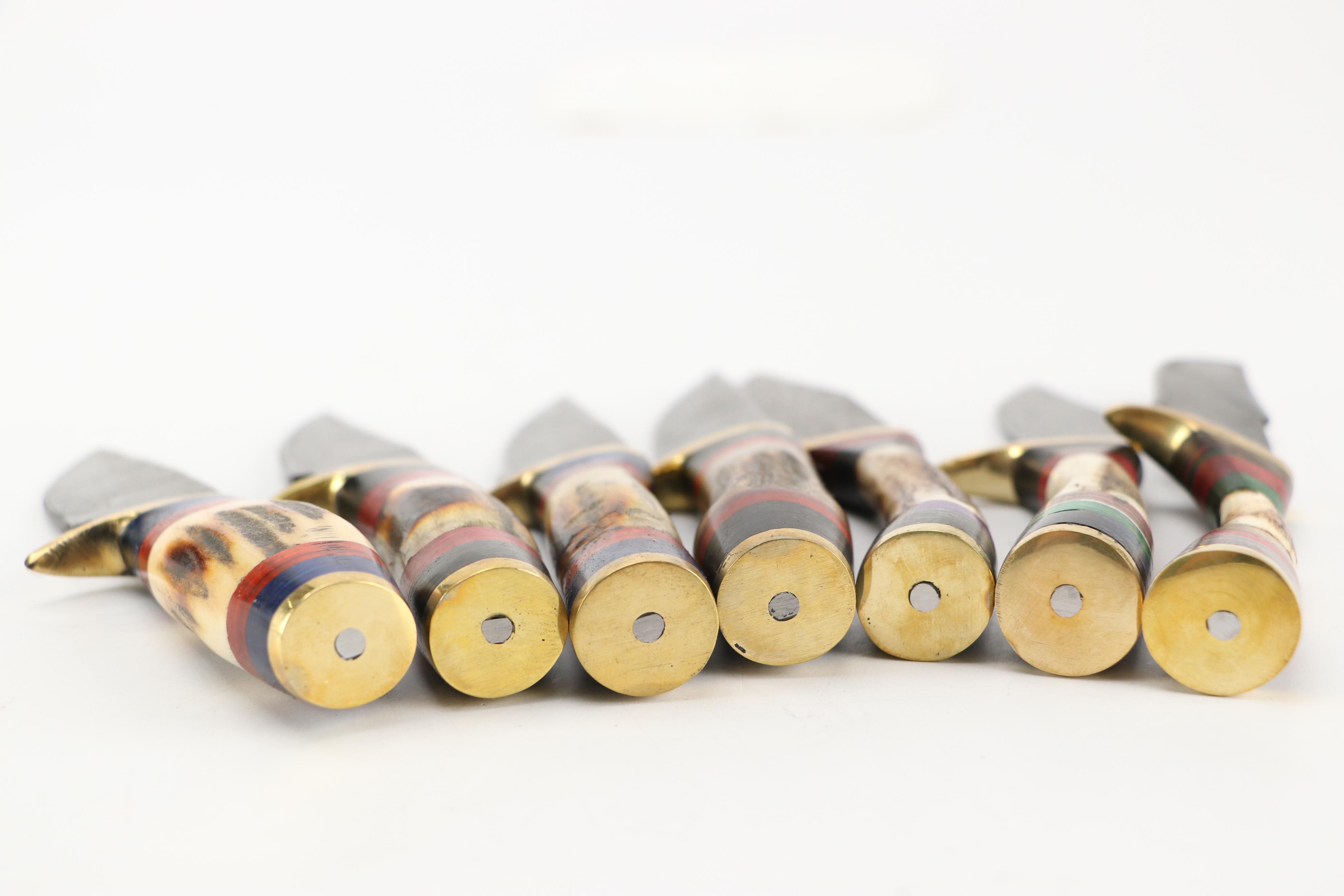 Damascus Steel and Antler Handled Skinner Knives in Leather Scabbards