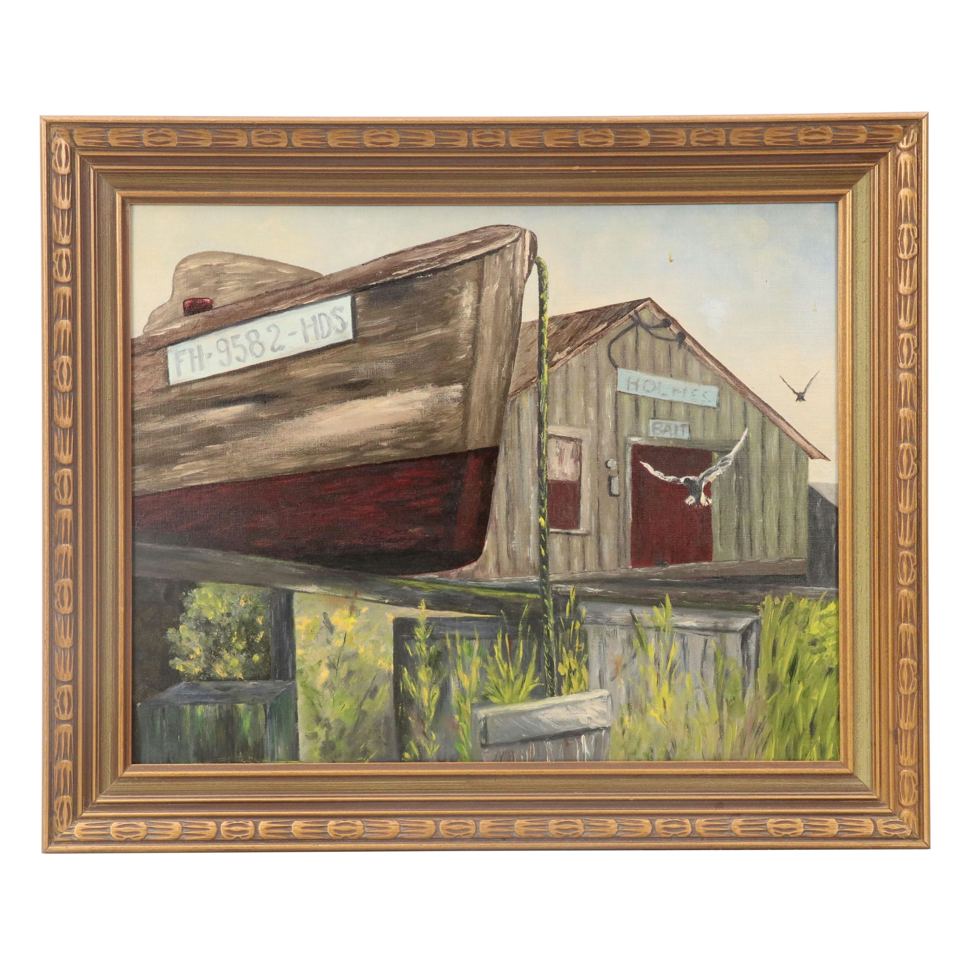 Hilarion Swift Dock Scene Oil Painting, Circa 1970