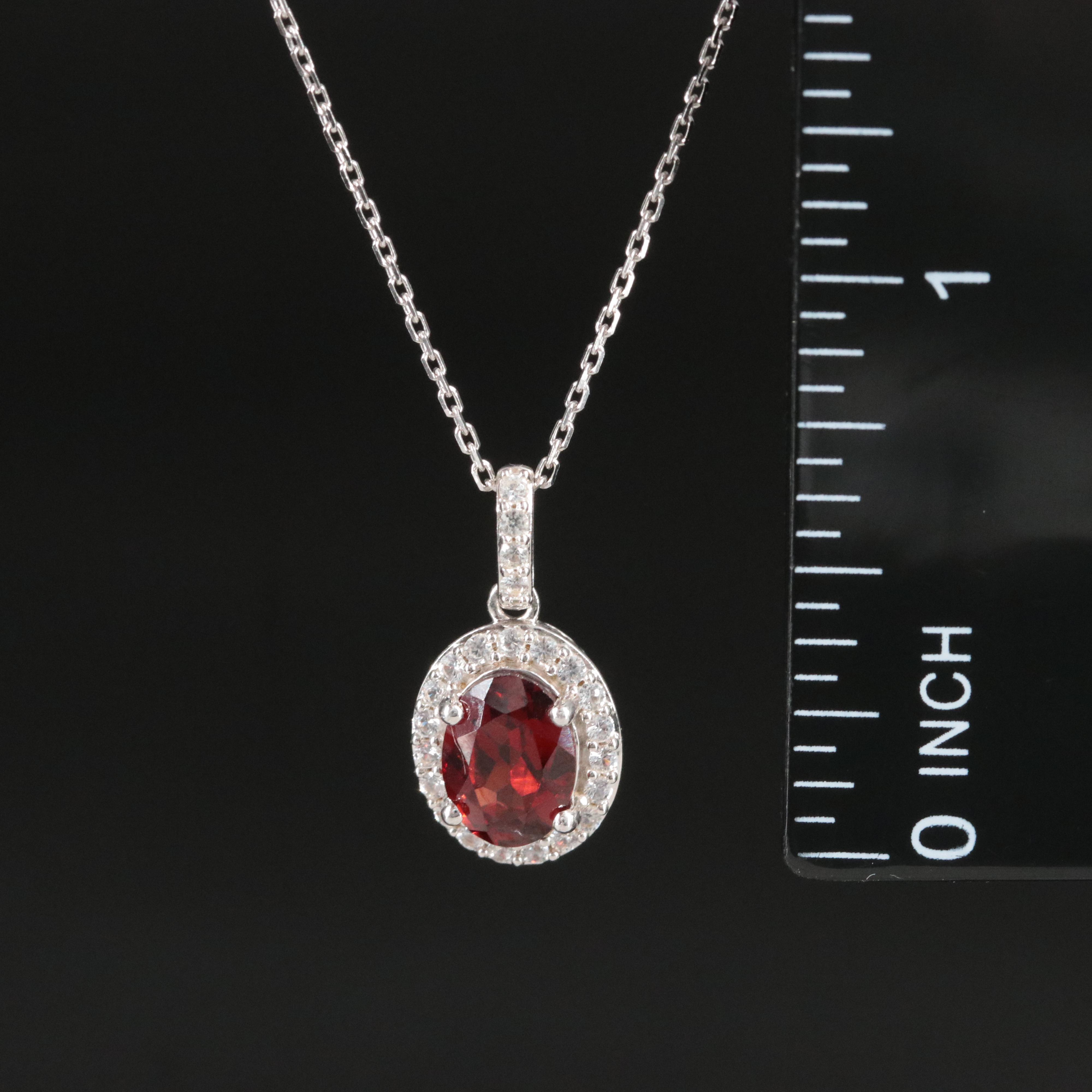 Sterling Garnet and White Sapphire Halo Pendant Necklace