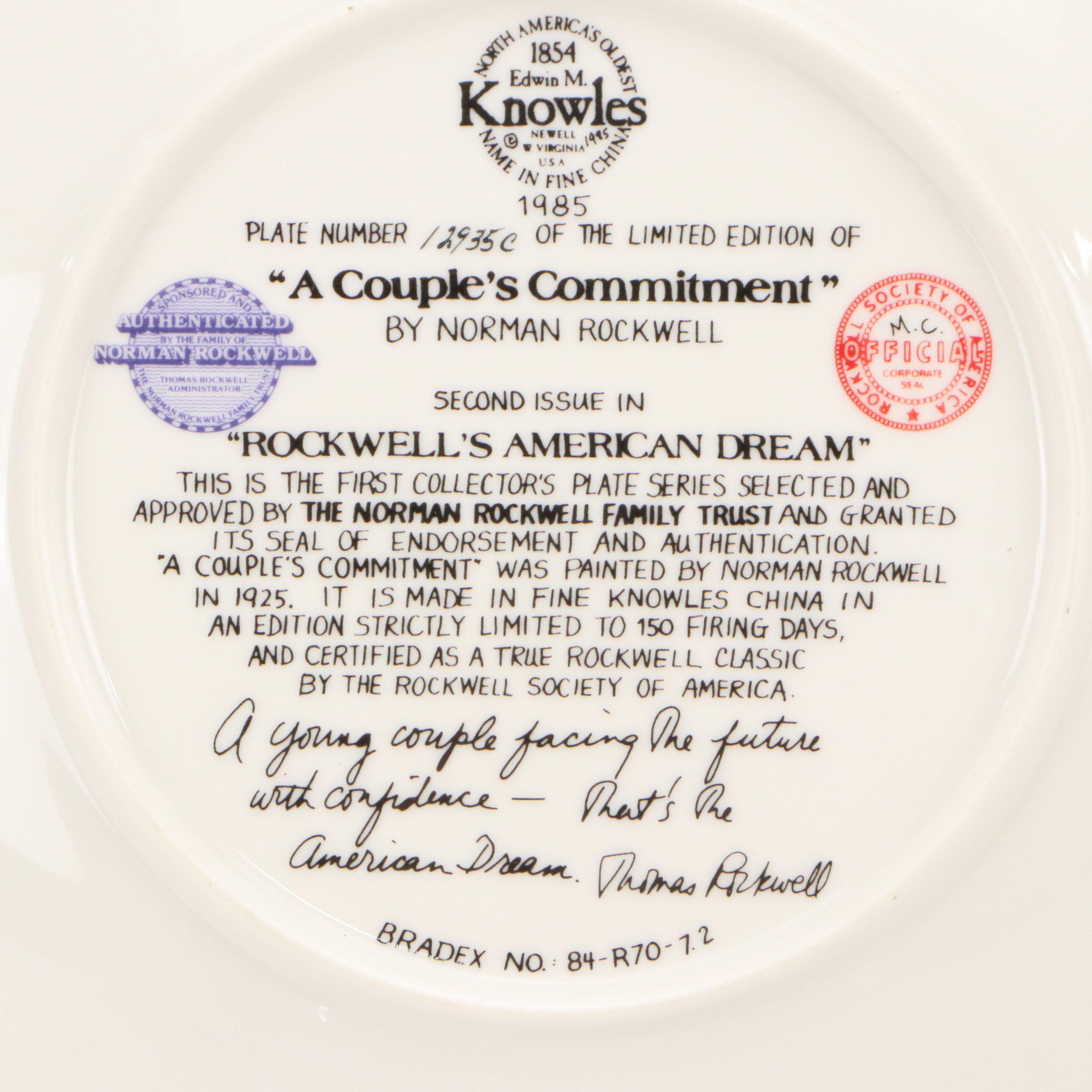 Knowles "A Couple's Commitmet" Plate with Figurines after Norman Rockwell