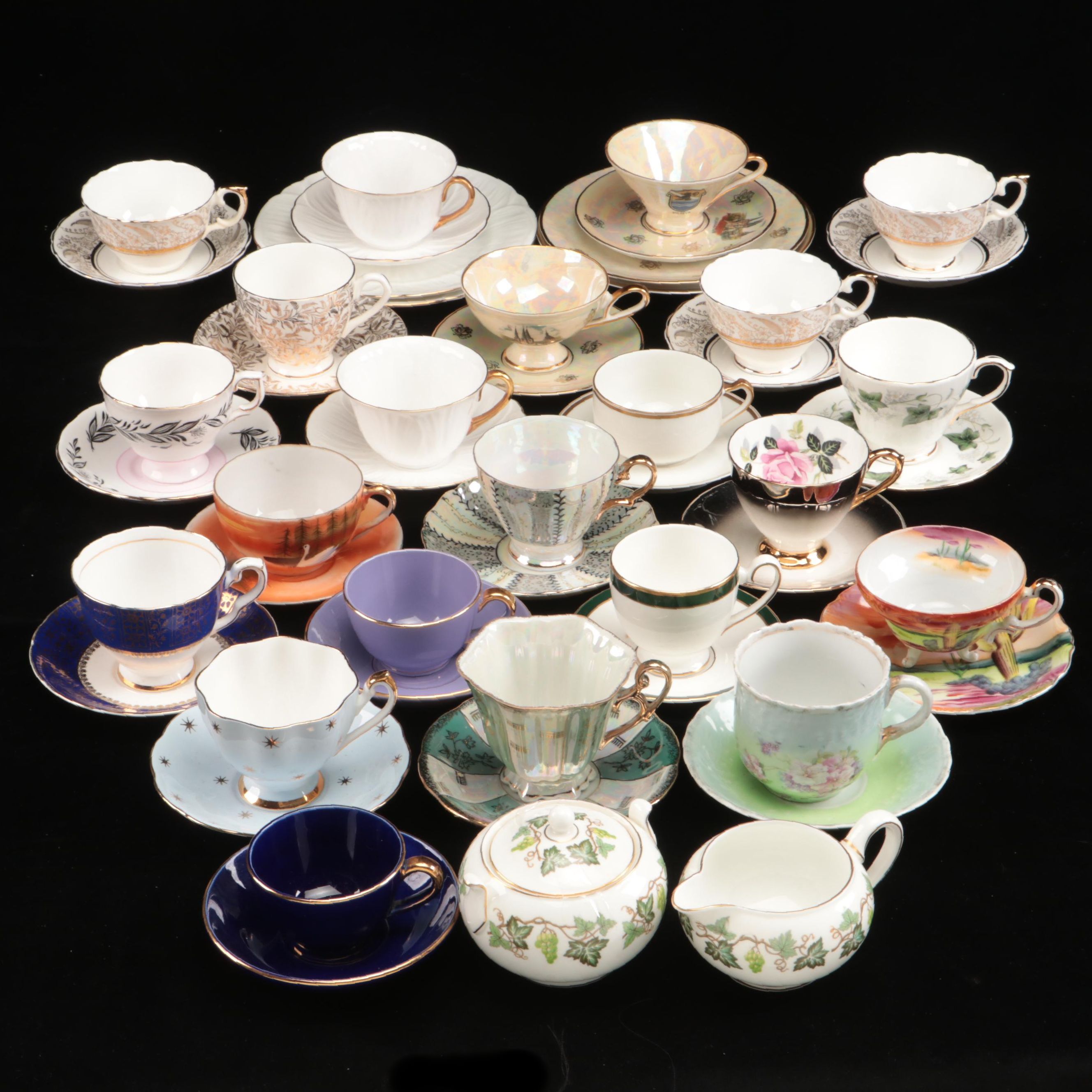 Art Deco Style Lusterware  Cups and Saucers with Other Table Accessories