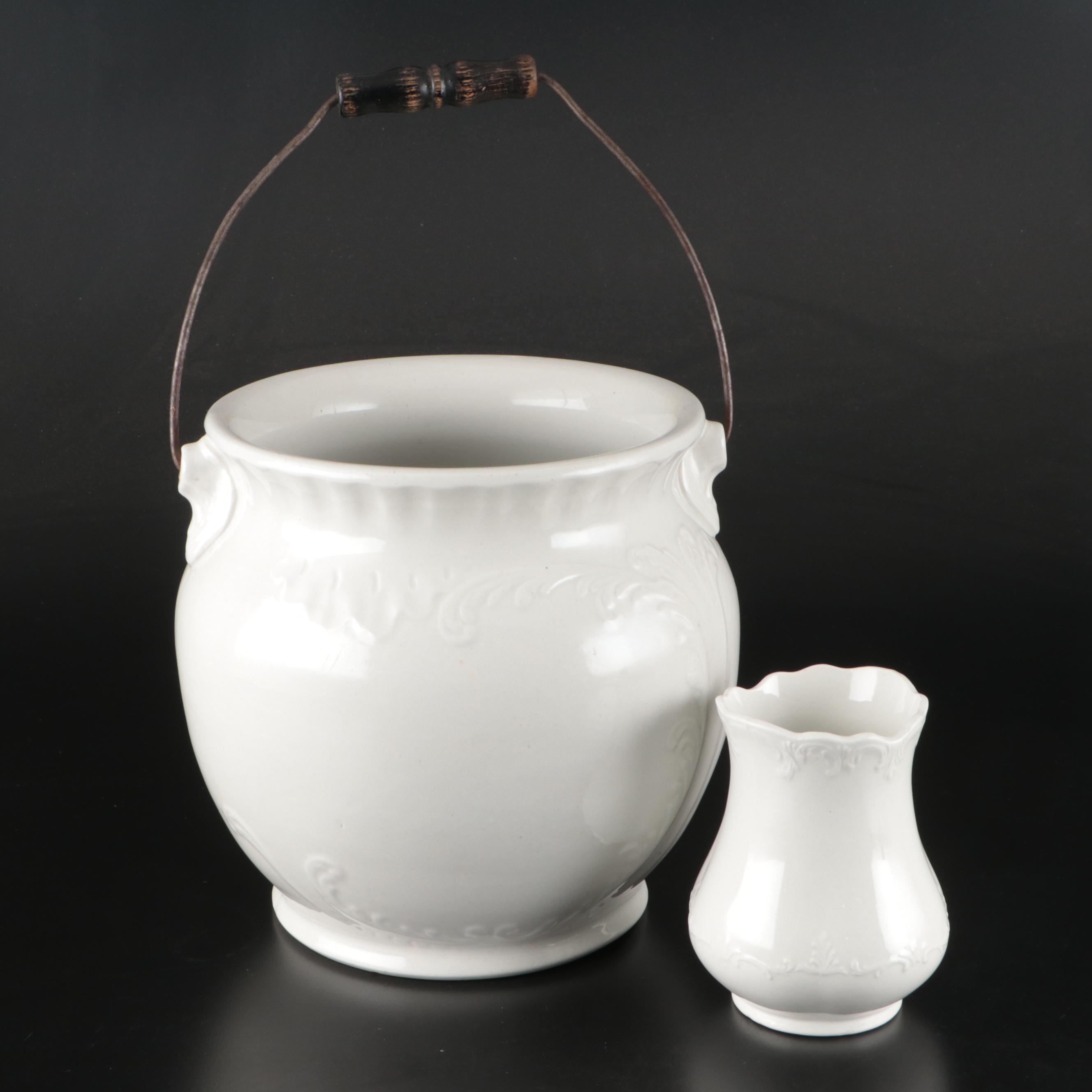 Wood Handled Ironstone Chamber Pot with Porcelain Vase