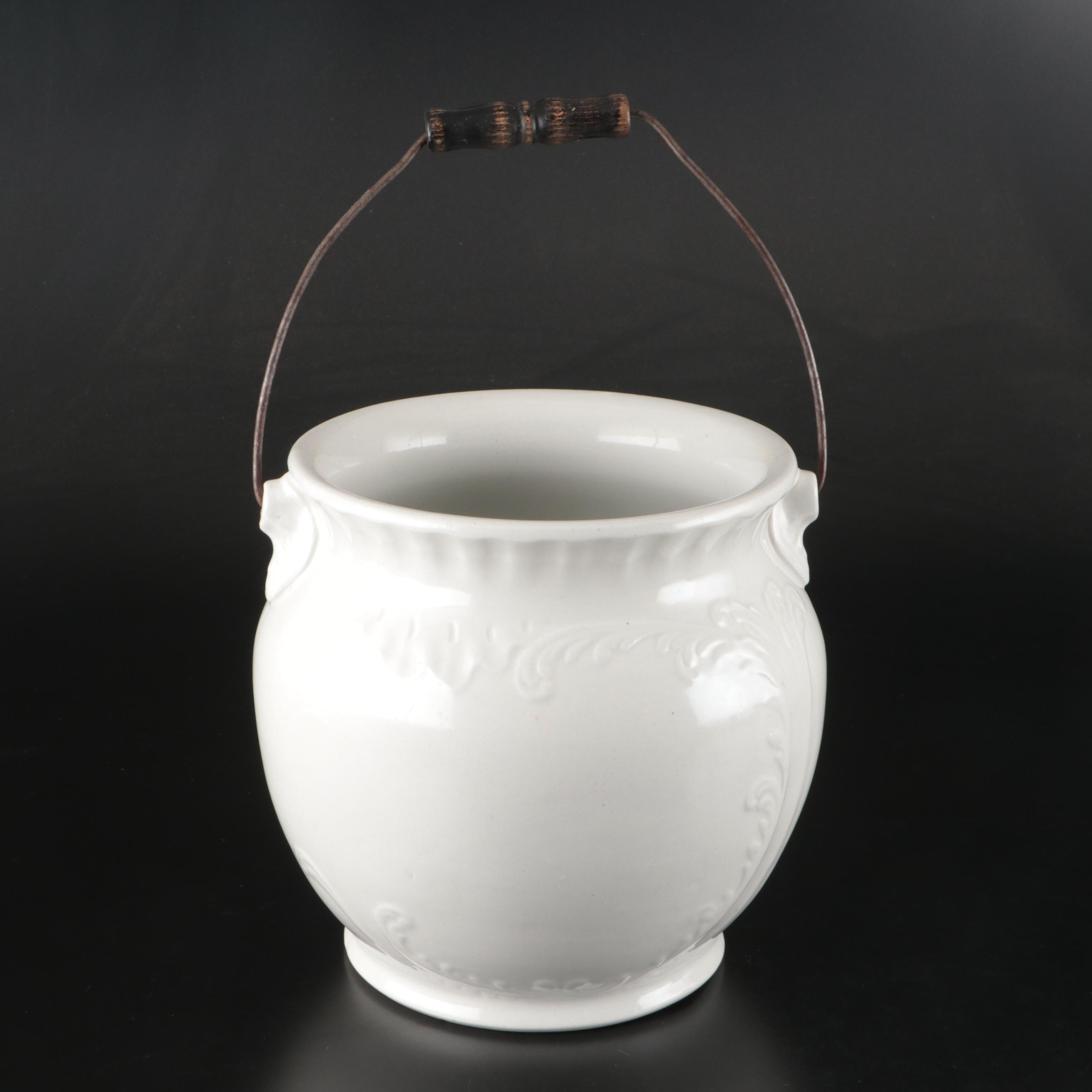 Wood Handled Ironstone Chamber Pot with Porcelain Vase