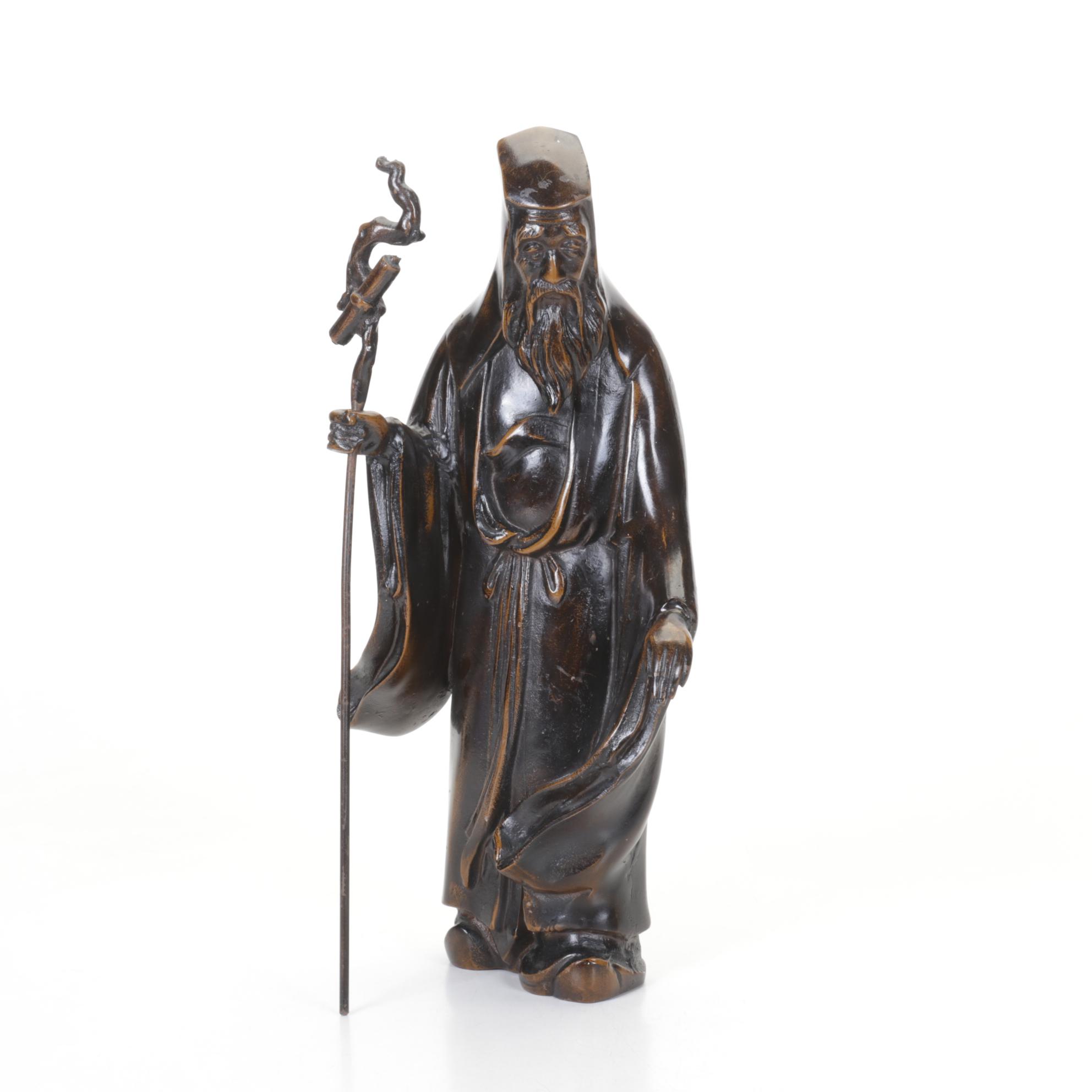 Japanese Metal Statue of Old Wise Man with Staff in Applied Bronze Tone Finish