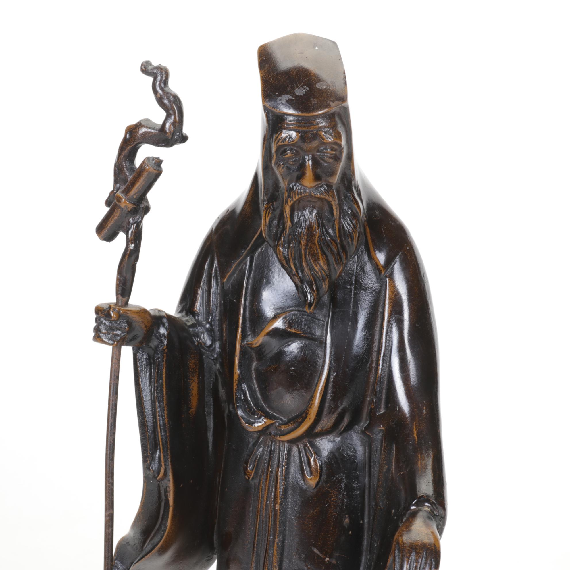 Japanese Metal Statue of Old Wise Man with Staff in Applied Bronze Tone Finish