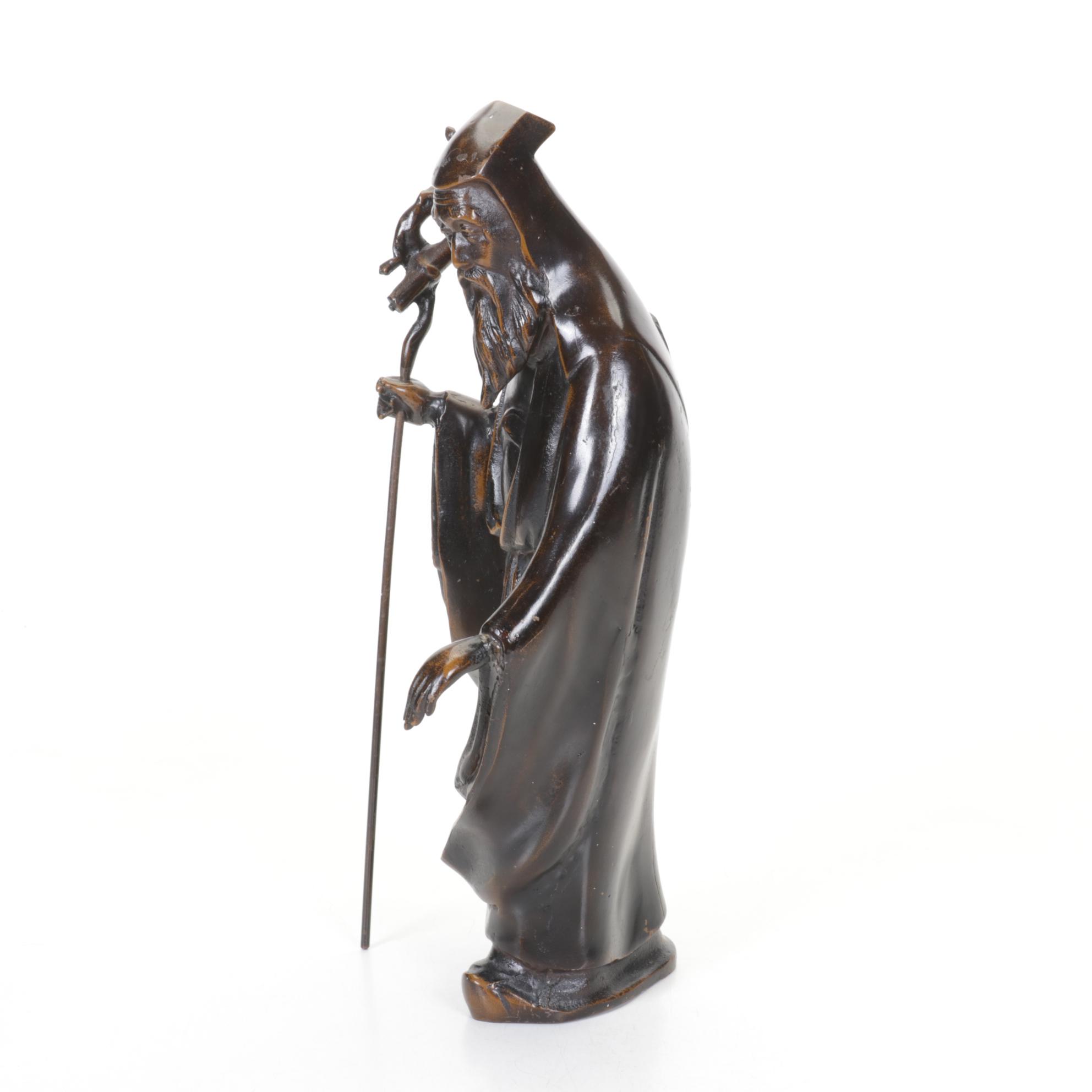 Japanese Metal Statue of Old Wise Man with Staff in Applied Bronze Tone Finish