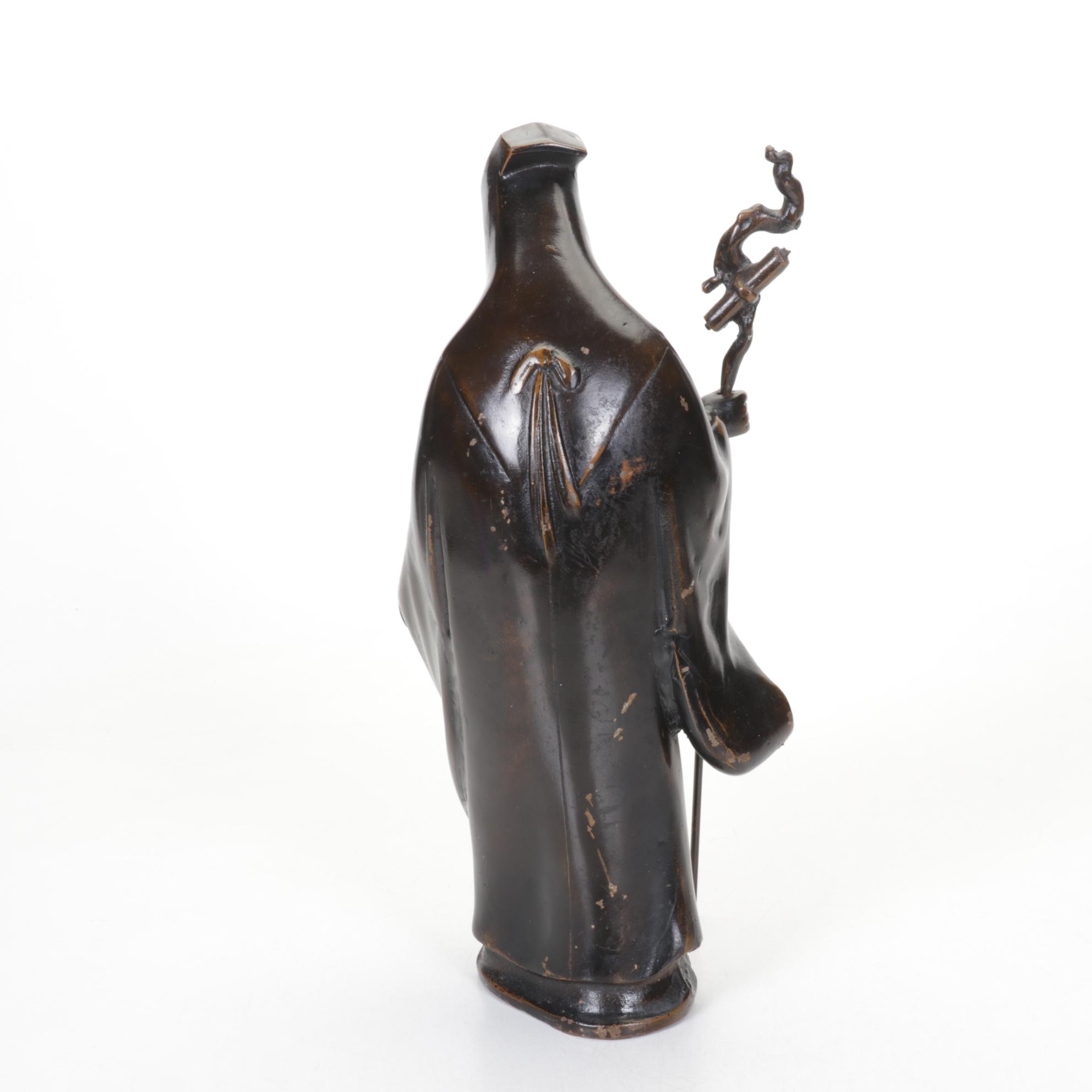Japanese Metal Statue of Old Wise Man with Staff in Applied Bronze Tone Finish