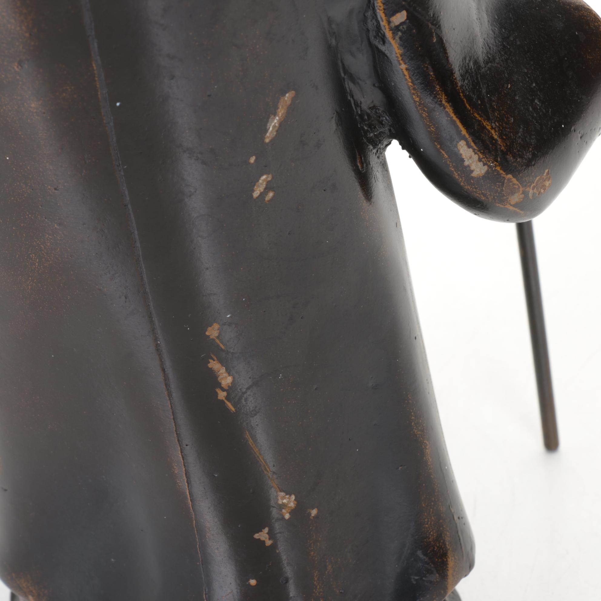 Japanese Metal Statue of Old Wise Man with Staff in Applied Bronze Tone Finish