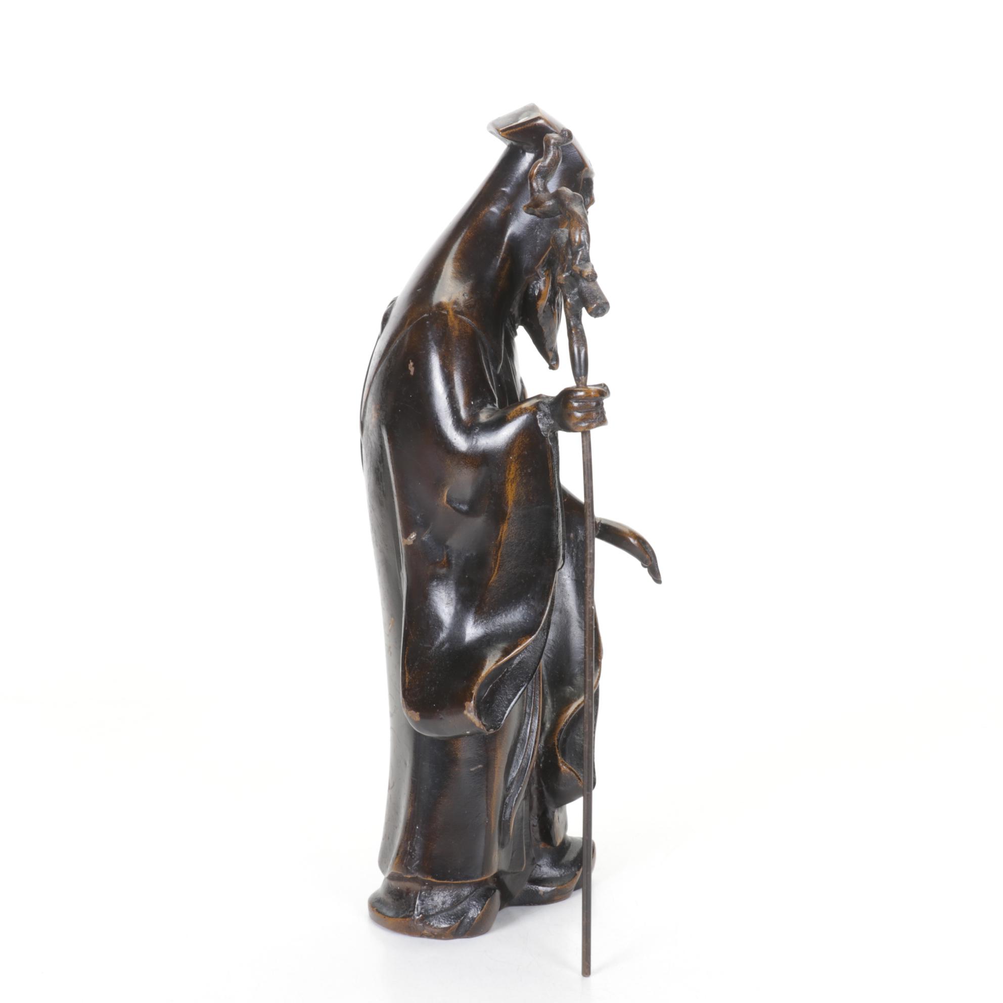 Japanese Metal Statue of Old Wise Man with Staff in Applied Bronze Tone Finish