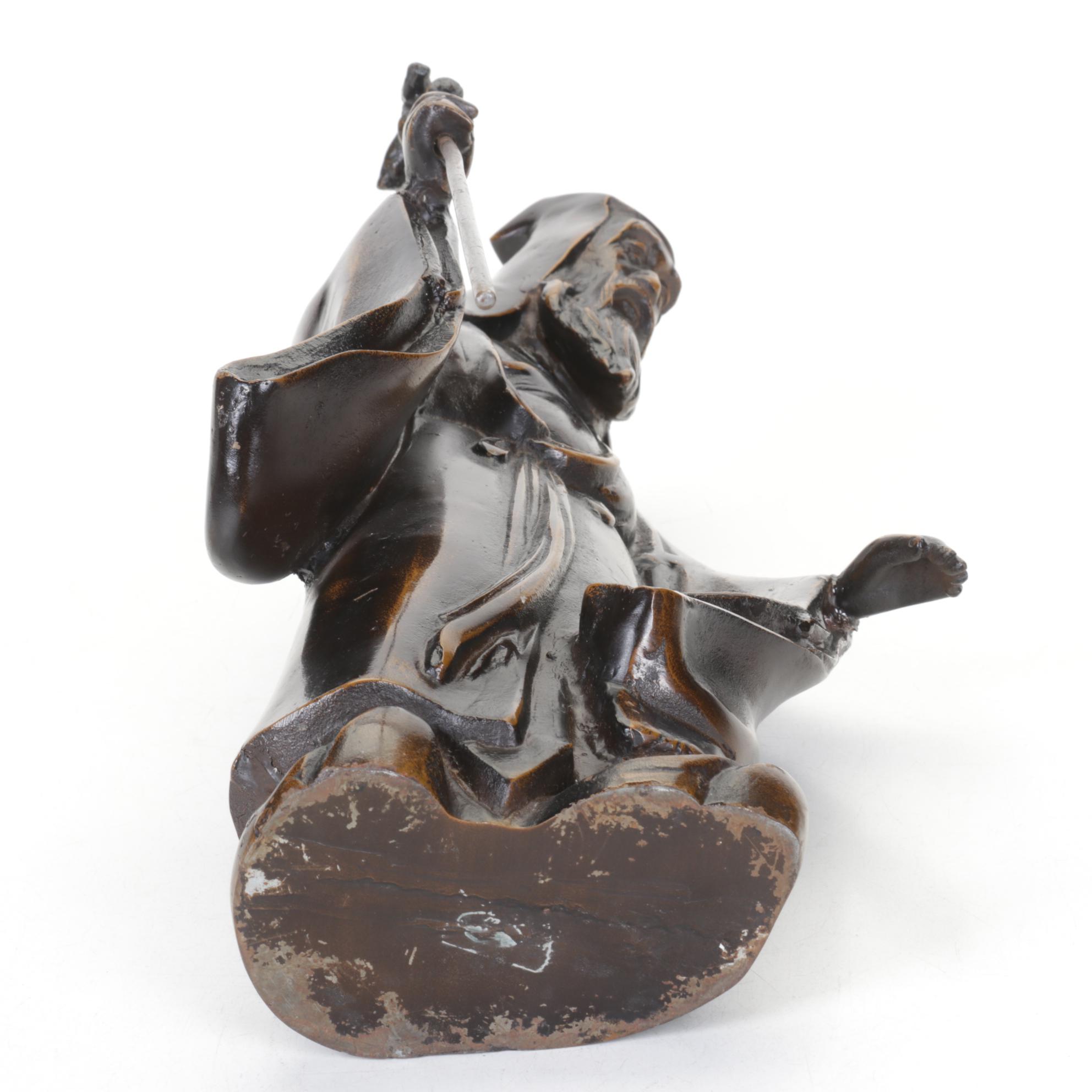 Japanese Metal Statue of Old Wise Man with Staff in Applied Bronze Tone Finish