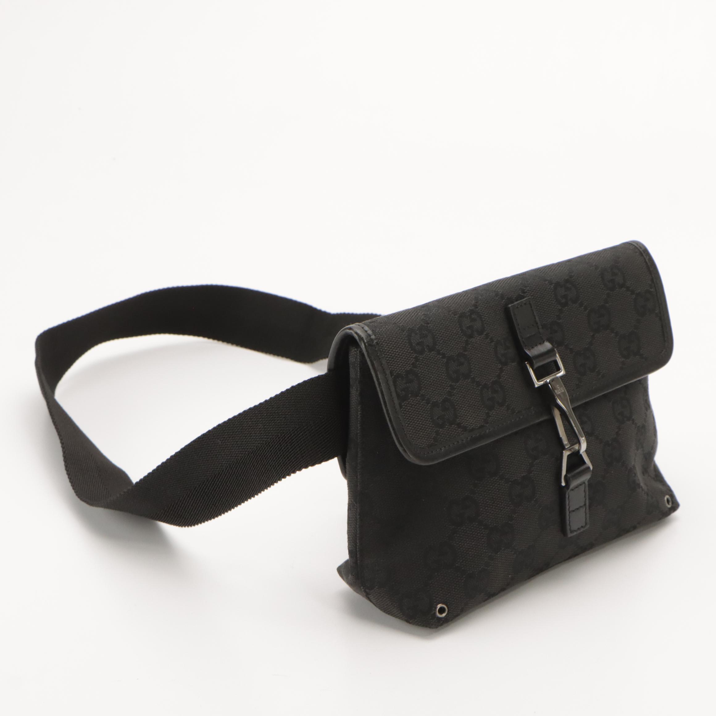 Gucci Front-Flap Belt Bag in Black GG Canvas and Leather Trim