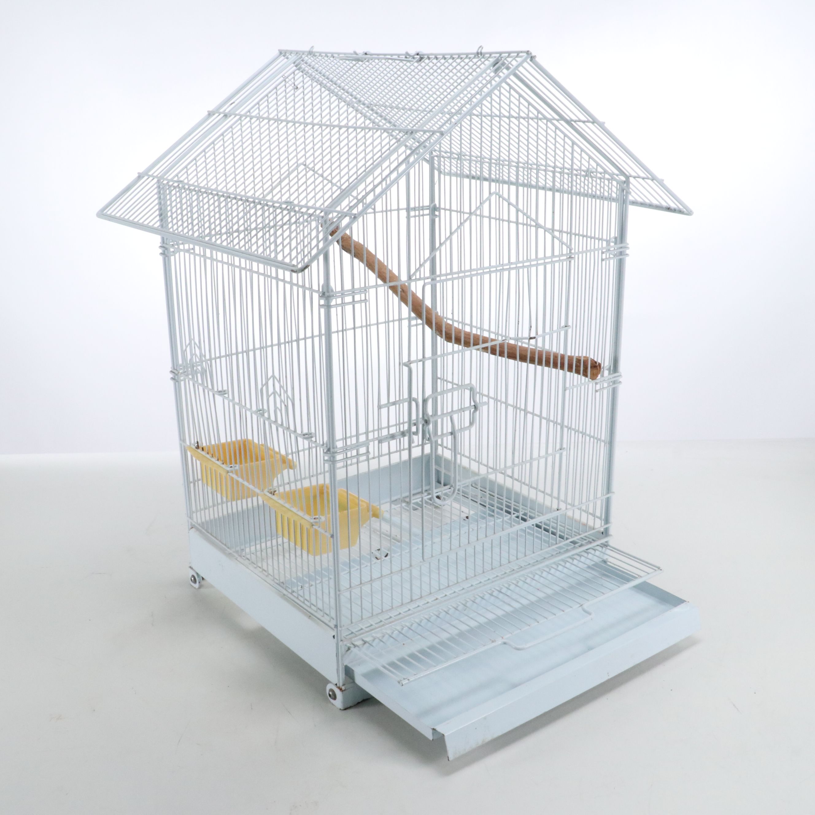 White Metal Wire Bird Cage with Perch Branch and Food Bowls