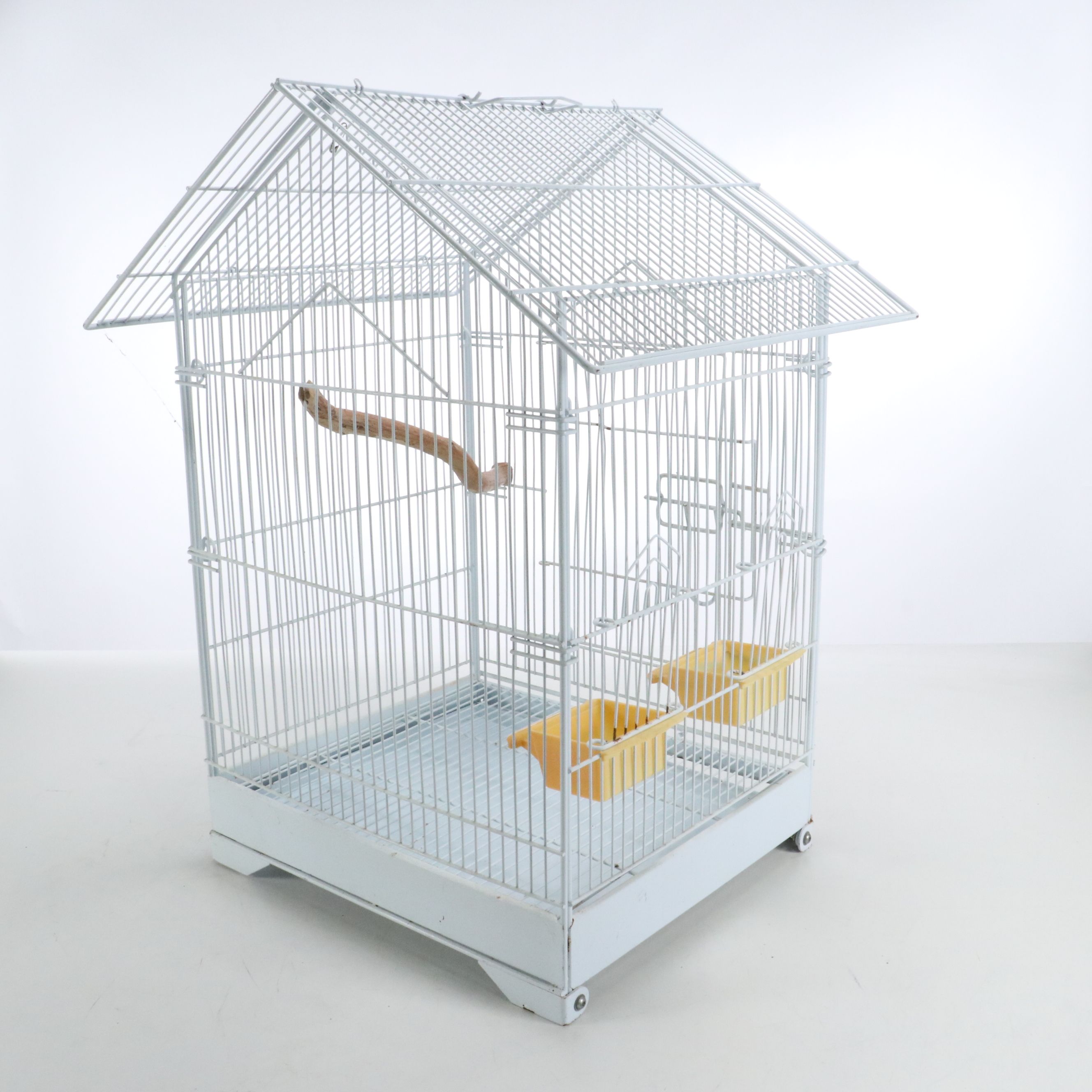 White Metal Wire Bird Cage with Perch Branch and Food Bowls