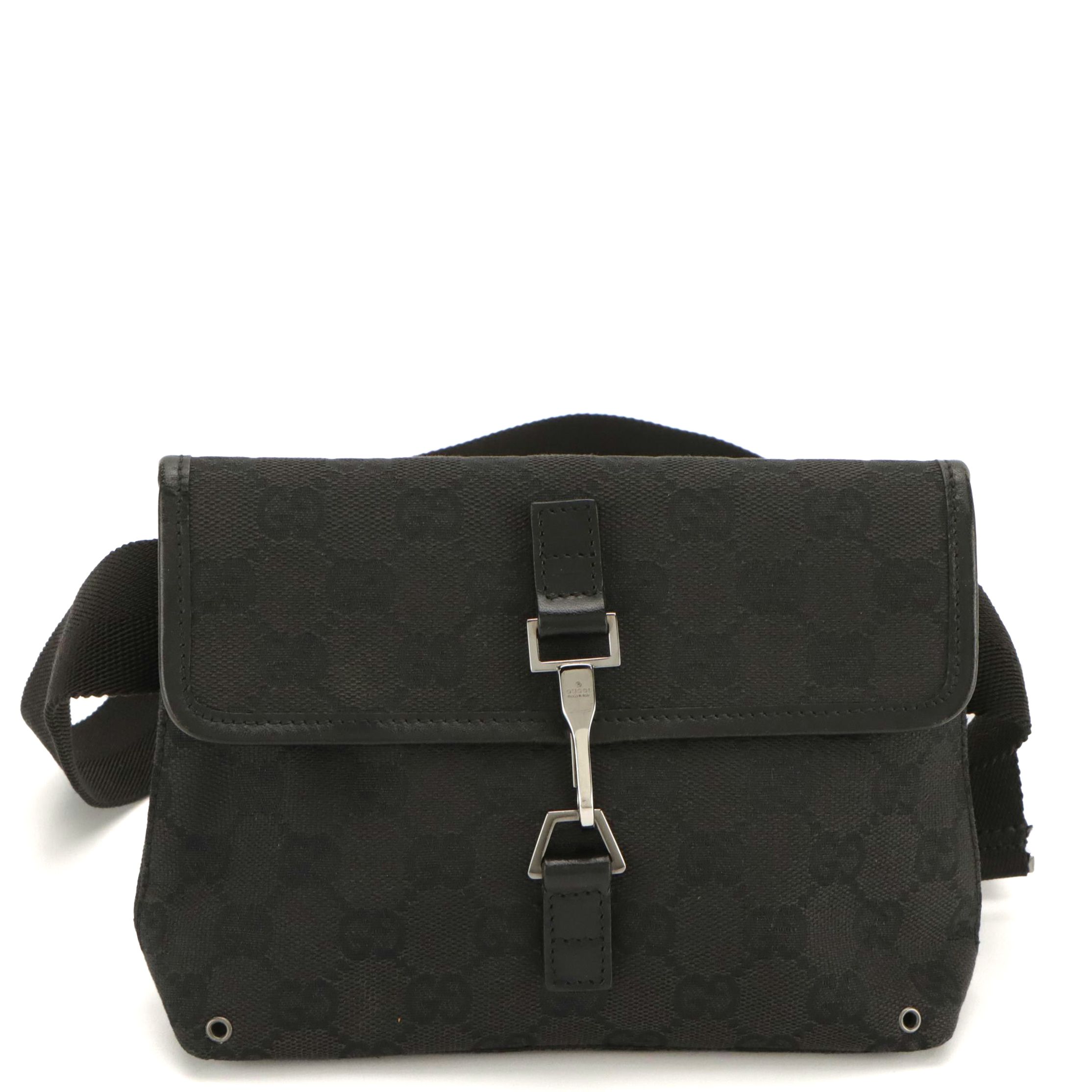 Gucci Front-Flap Belt Bag in Black GG Canvas and Leather Trim
