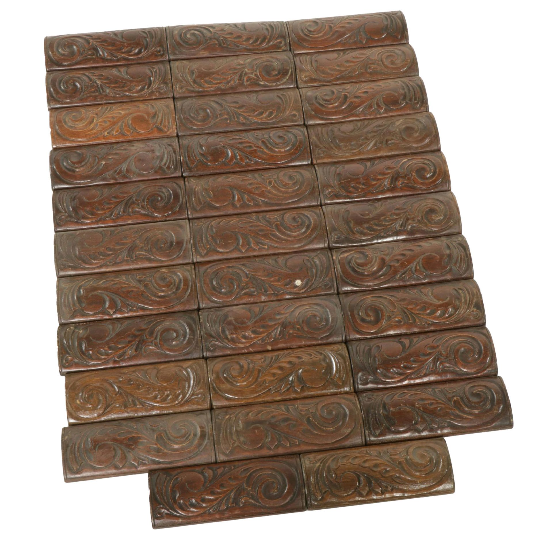 32 Carved Mahogany Curved Panels, 20th Century