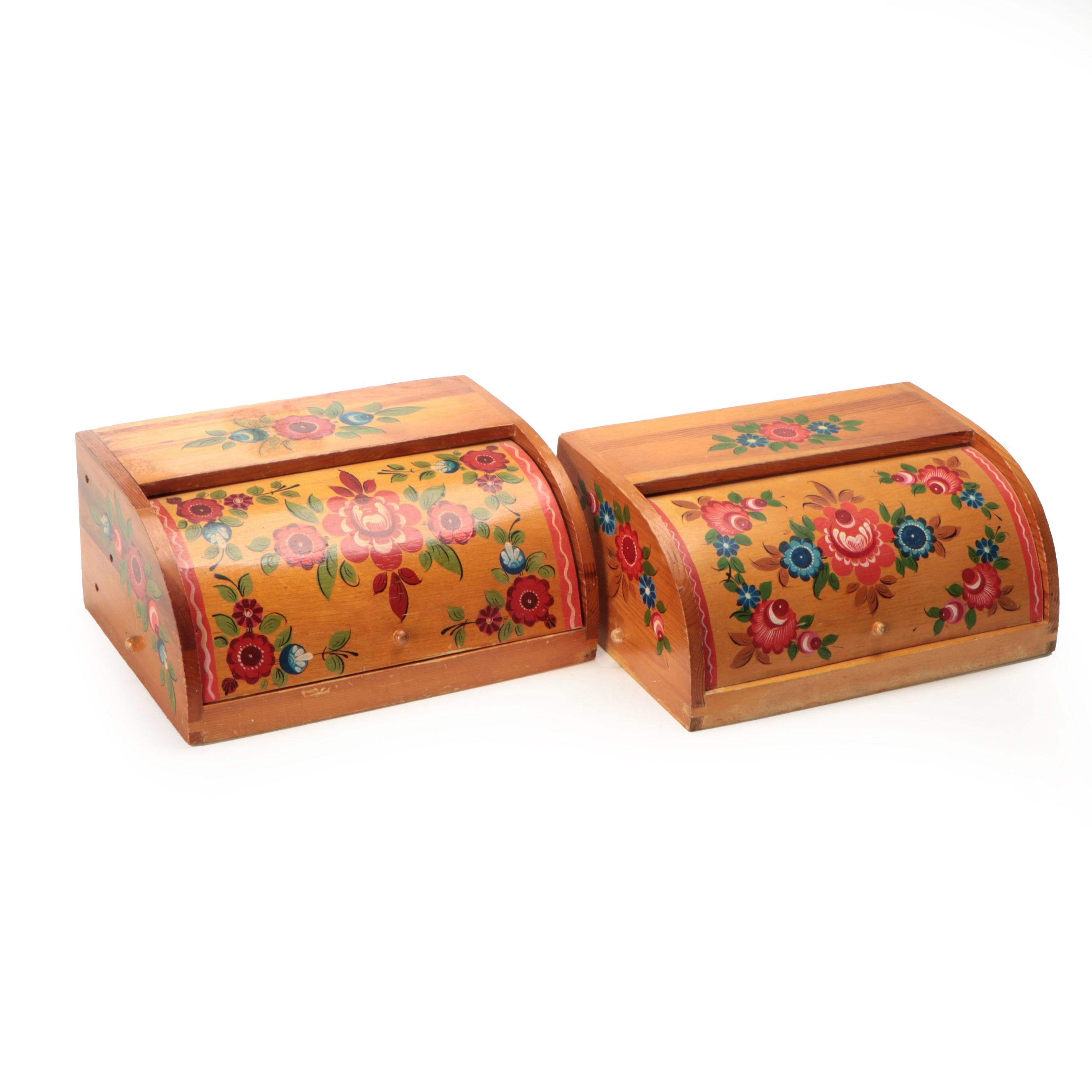 Russian Hand-Painted Floral Wood Bread Boxes