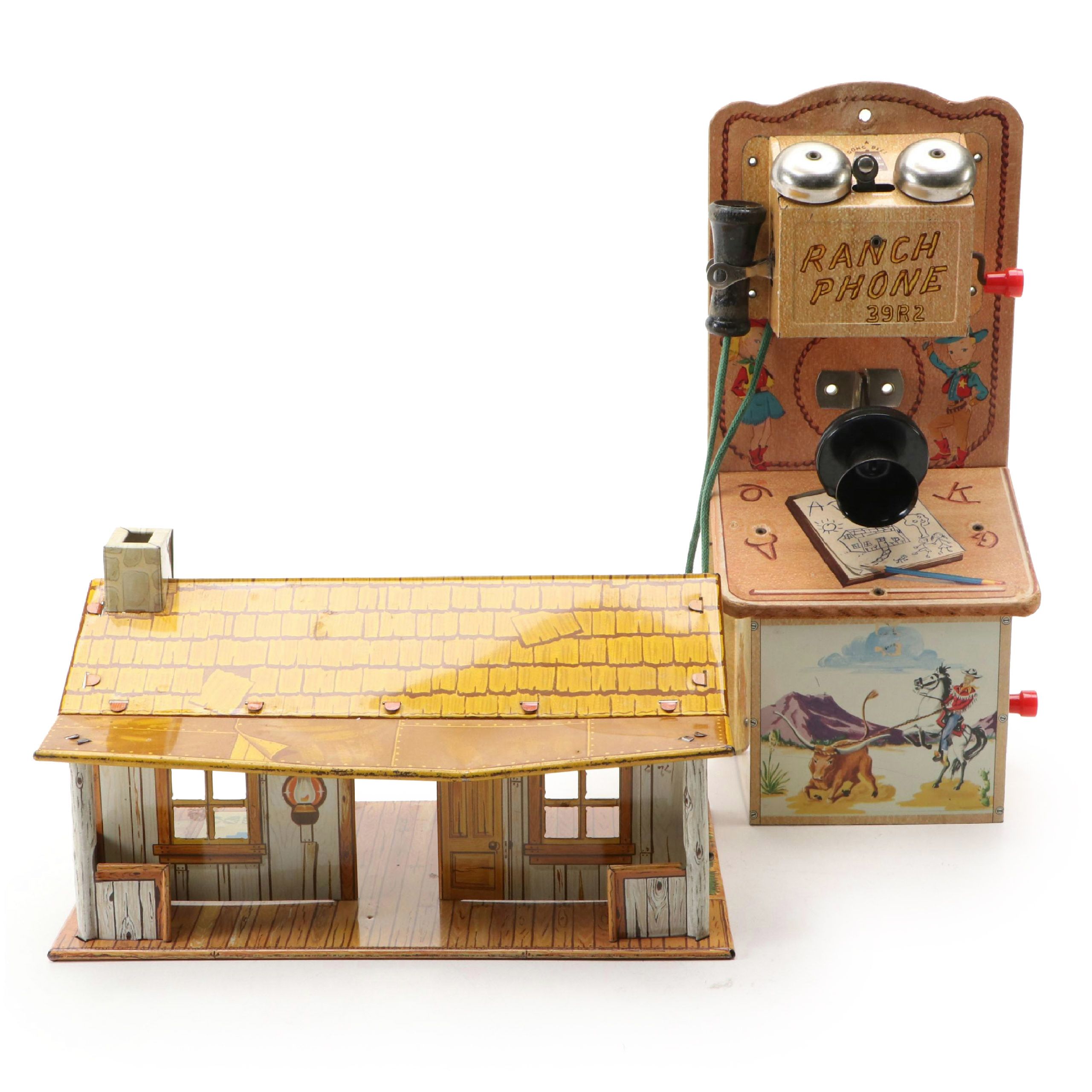 Marx Roy Rogers Tin Ranch House and Gong Bell "Ranch Phone," 1950s