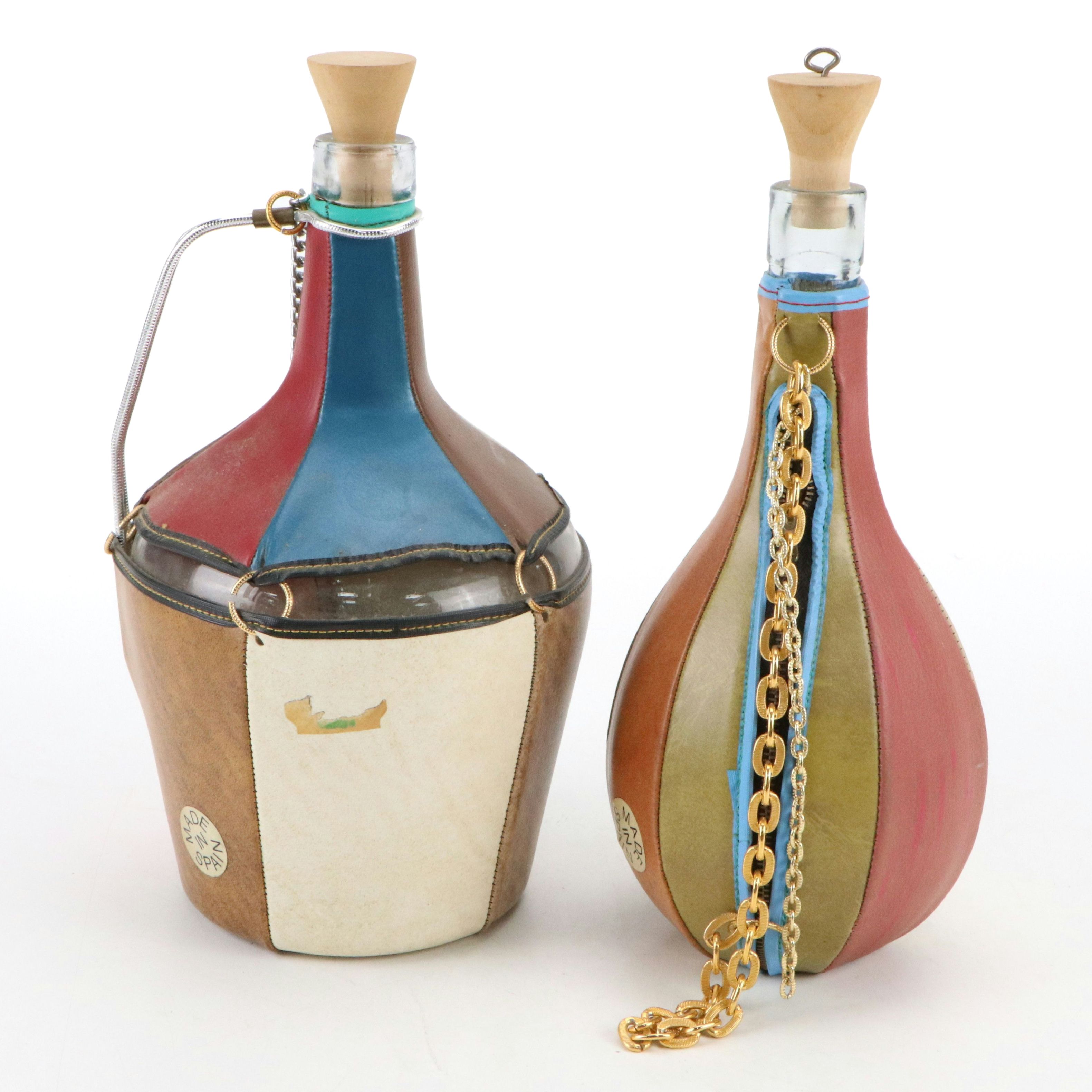 Spanish Multicolor Faux Leather Wrapped Glass Decorative Wine Bottle and Jug