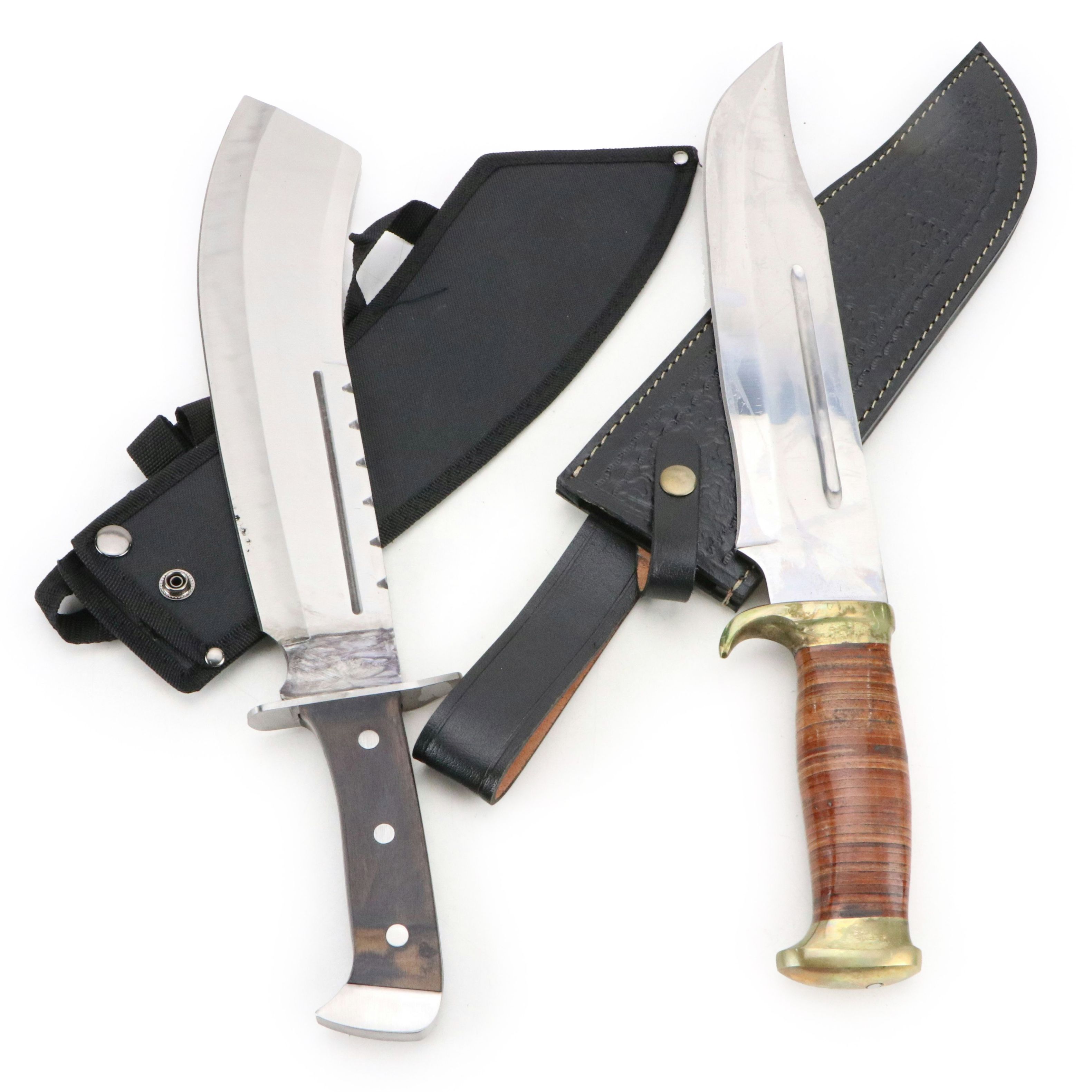Leather Handled Bowie Knife with Machete in Scabbards