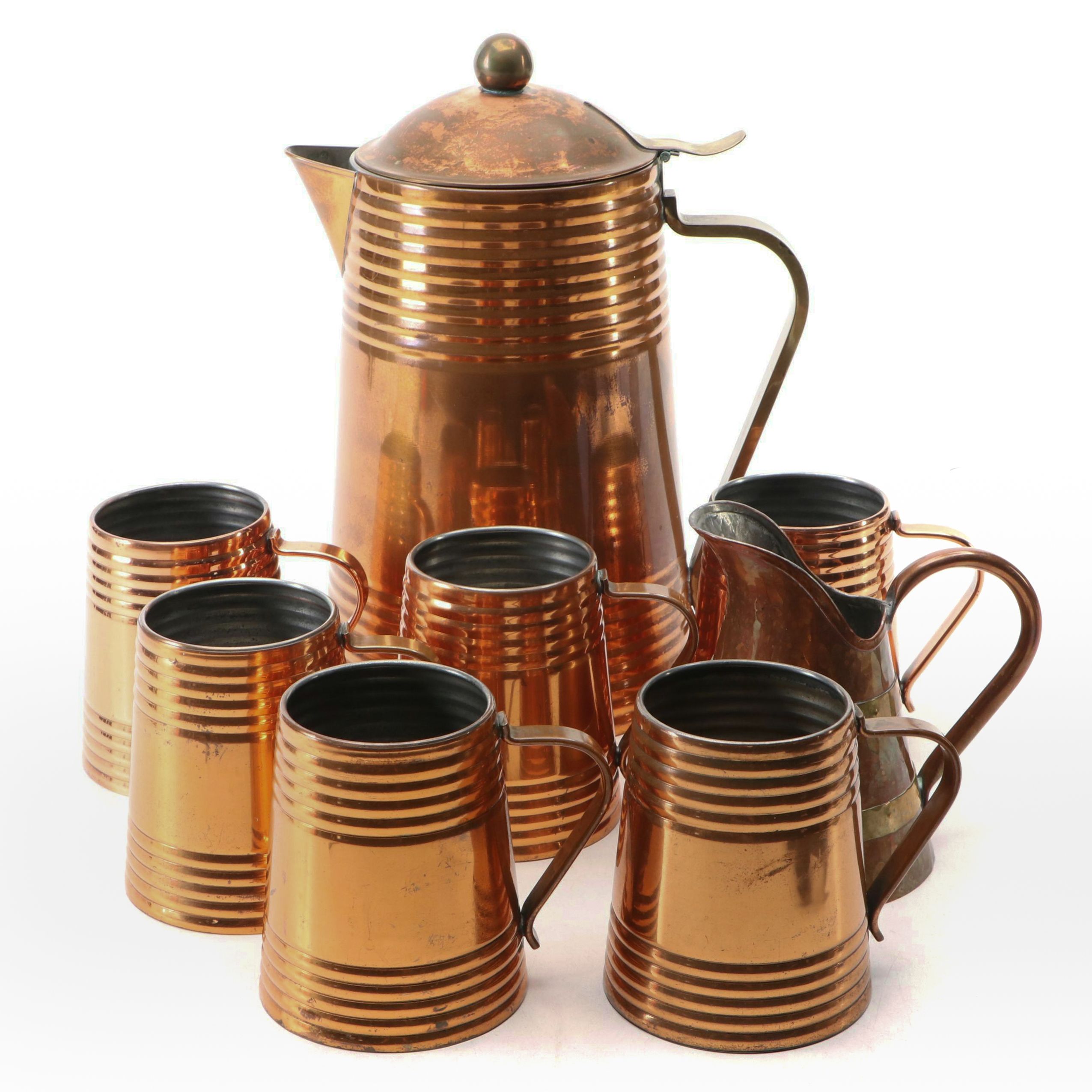 Revere Colonial Style Copper Coffee Pot and Mugs with Other Pitcher