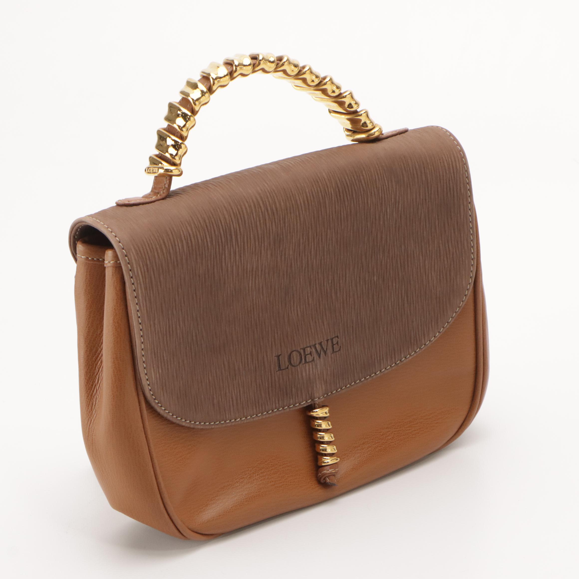 Loewe Metal Top Handle Bag in Brown Textured and Grained Leather