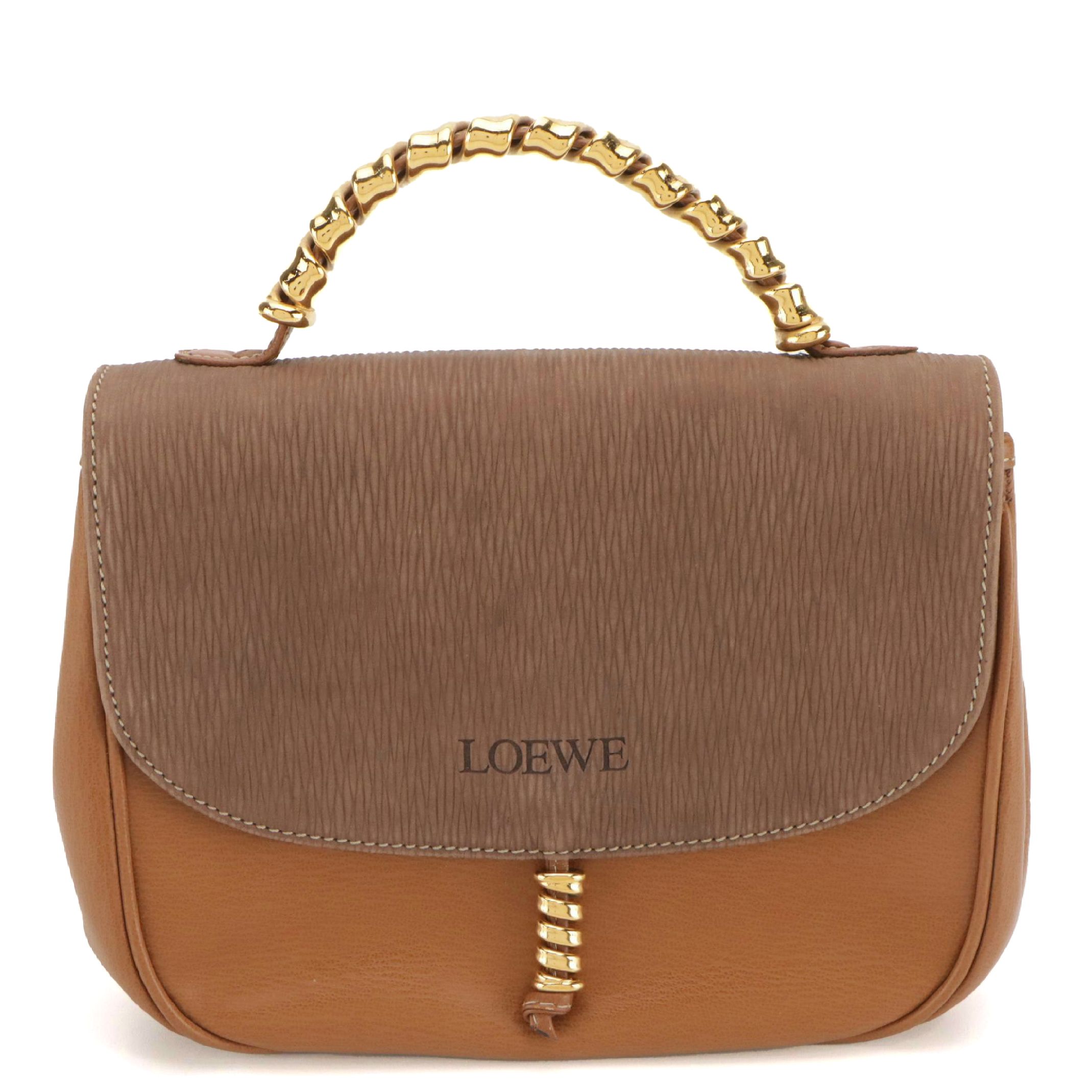 Loewe Metal Top Handle Bag in Brown Textured and Grained Leather