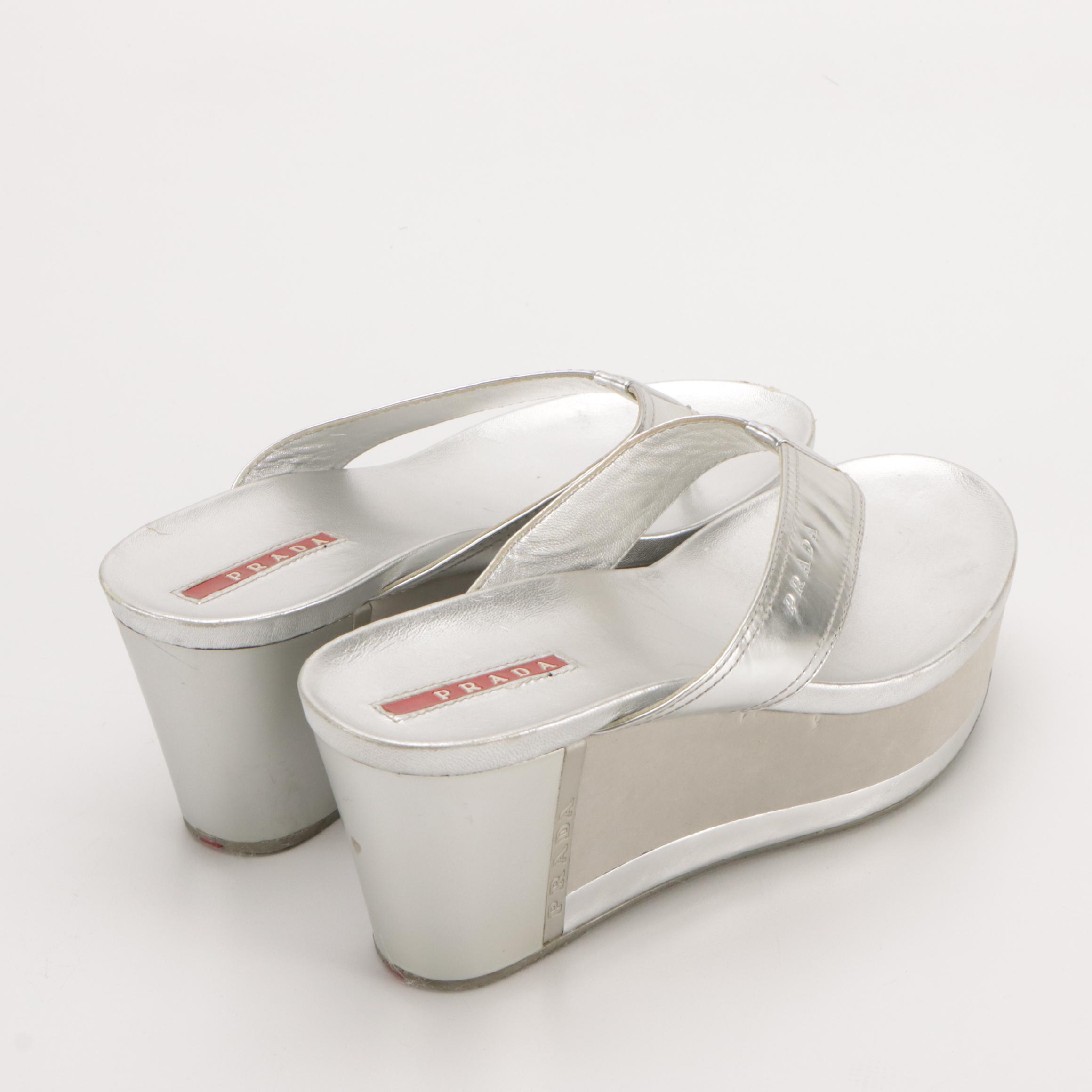 Prada Thong-Strap Wedge Sandals in Silver Metallic Leather